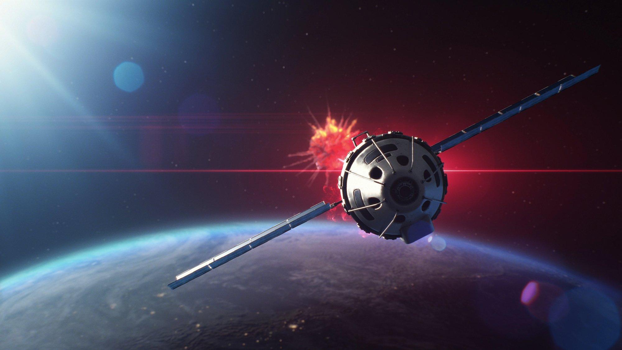 Künstlerische Darstellung eines Satelliten, der einen anderen per Laser zerstört.