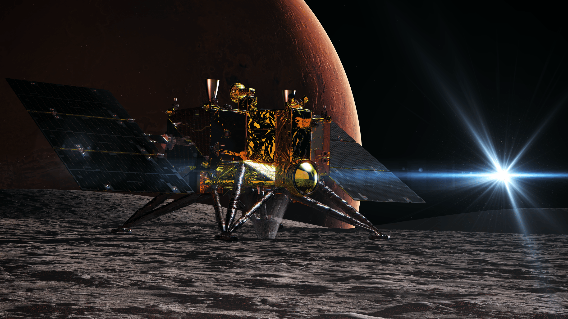 Illustration der Probeentnahme auf dem Marsmond Phobos durch die japanische MMX-Sonde.