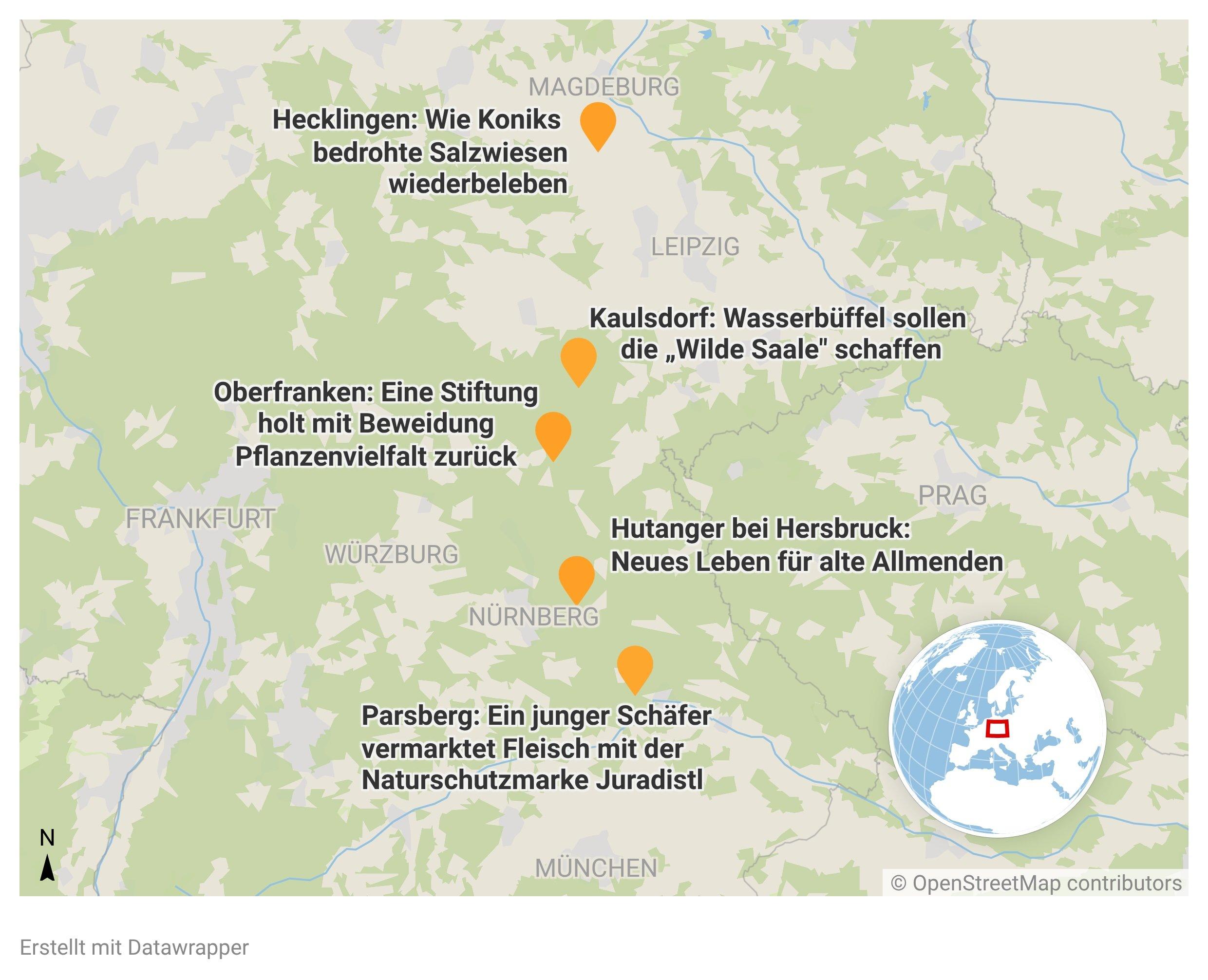 Landkarte zeigt Beweidungsprojekte aus dem Text.