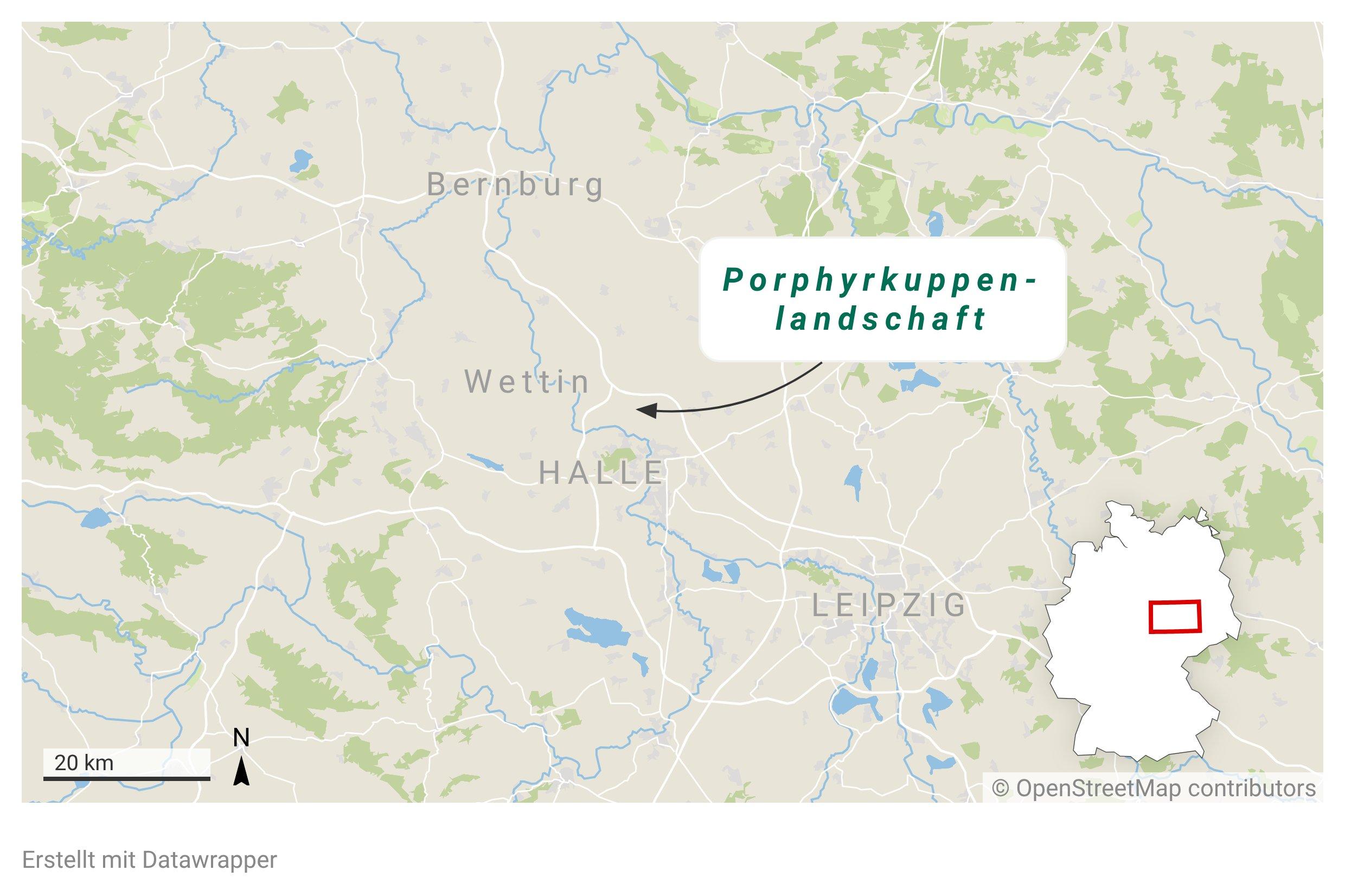 Landkarte zeigt, dass Porphykuppenlandschaft zwischen Halle und Wettin liegt.