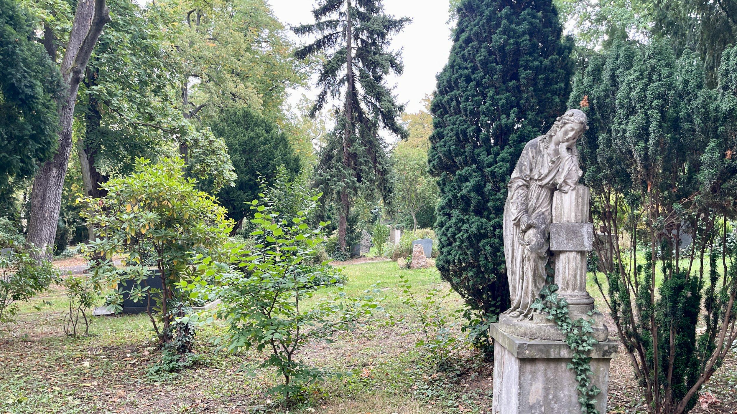 Ein alter Friedhof mit Bäumen und Skulpturen