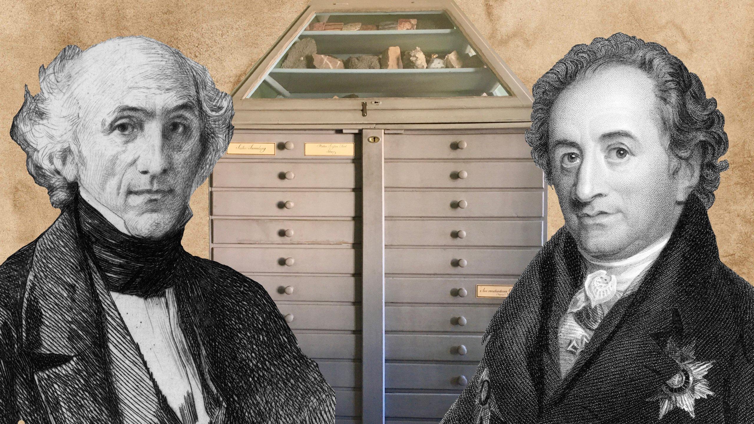 Kupferstichportraits von Frédéric Soret und Goethe, links und rechts, und in der Mitte einer der grauen Sammlungsschränke aus Goethes Haus.