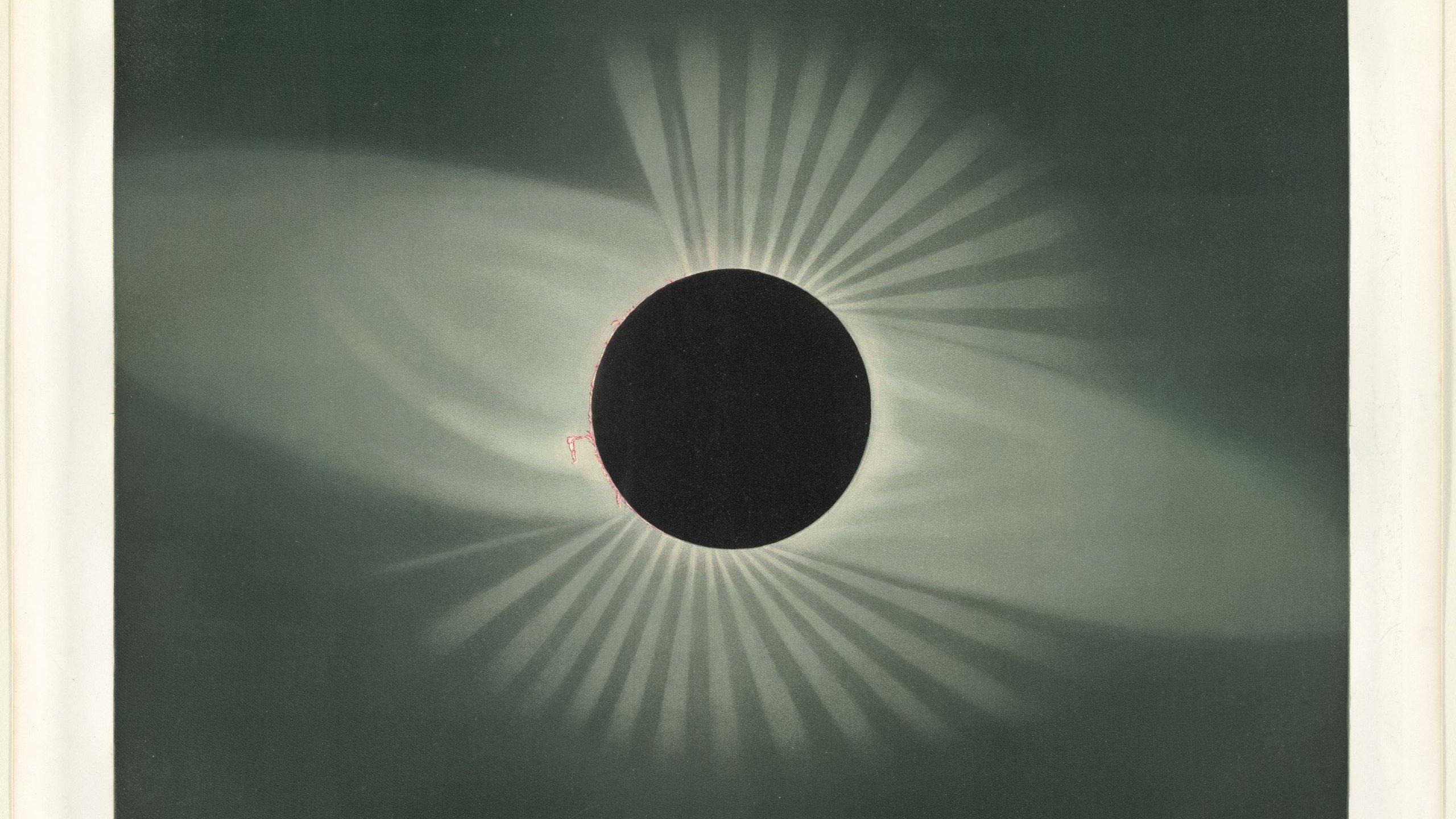 Dieses historische Foto zeigt eine Sonnenfinsternis, also den Mond als dunkle Scheibe, hinter dem Sonnenlicht in Strahlen und schlierenhaften Formationen zu sehen ist.