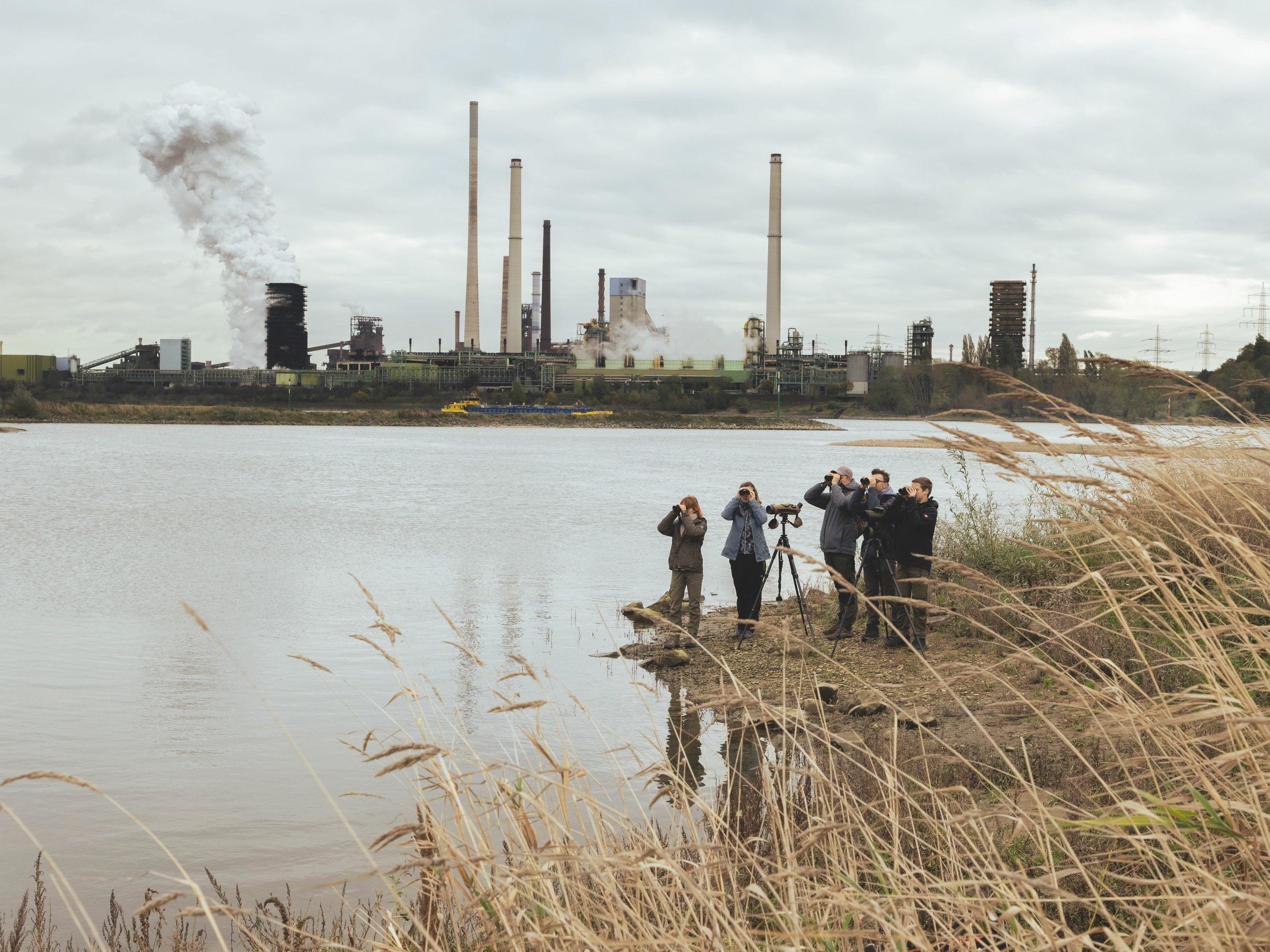 Foto zeigt Birder im Ruhrgiet - vor Industriekulisse.