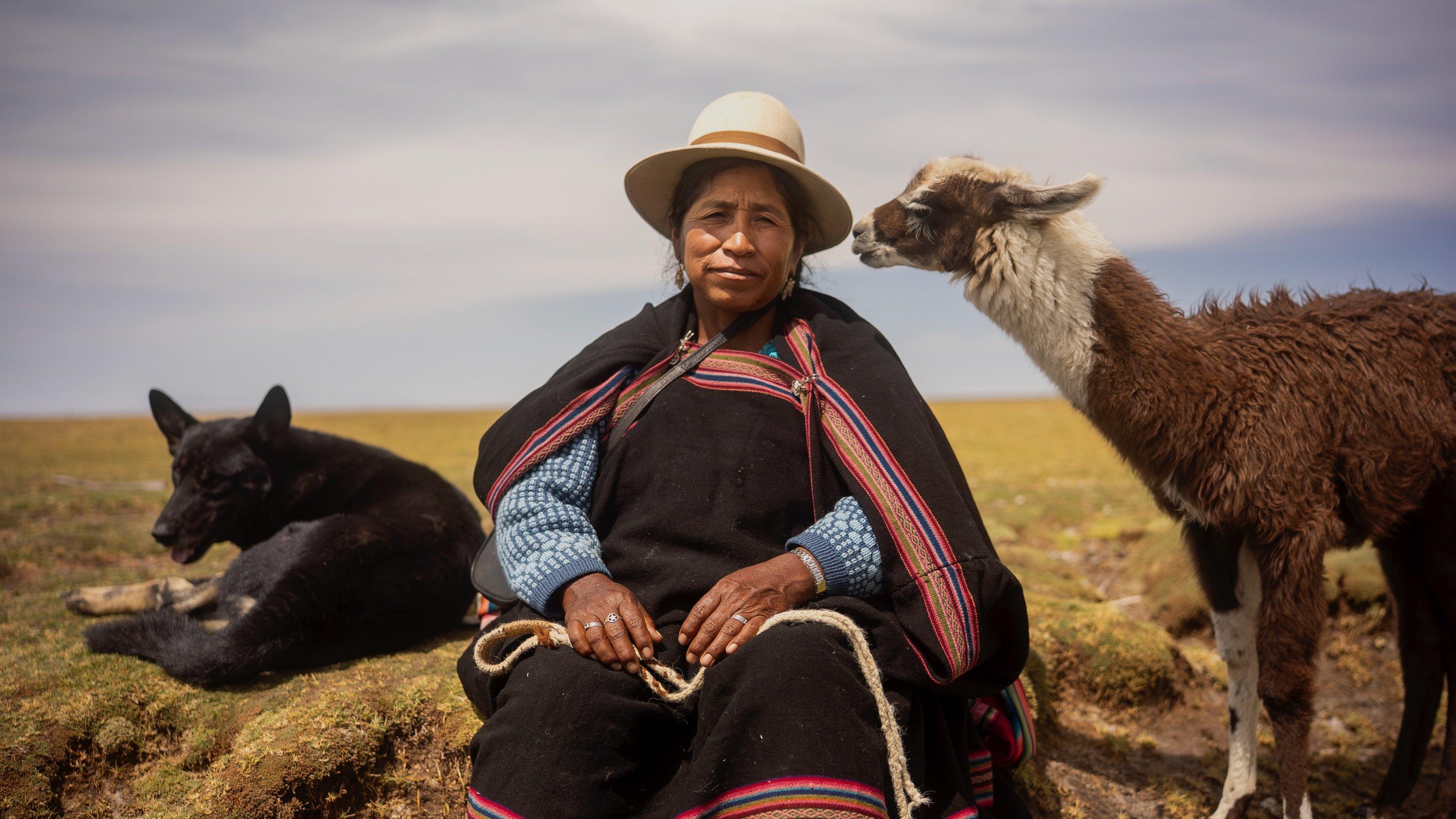 Foto zeigt eine Frau, die auf einem Felsen sitzt, mit einem Lama. Sie sagt im Film: „Ich liebe die Schönheit des Salzsees. Man sollte hier kein Lithium abbauen.“