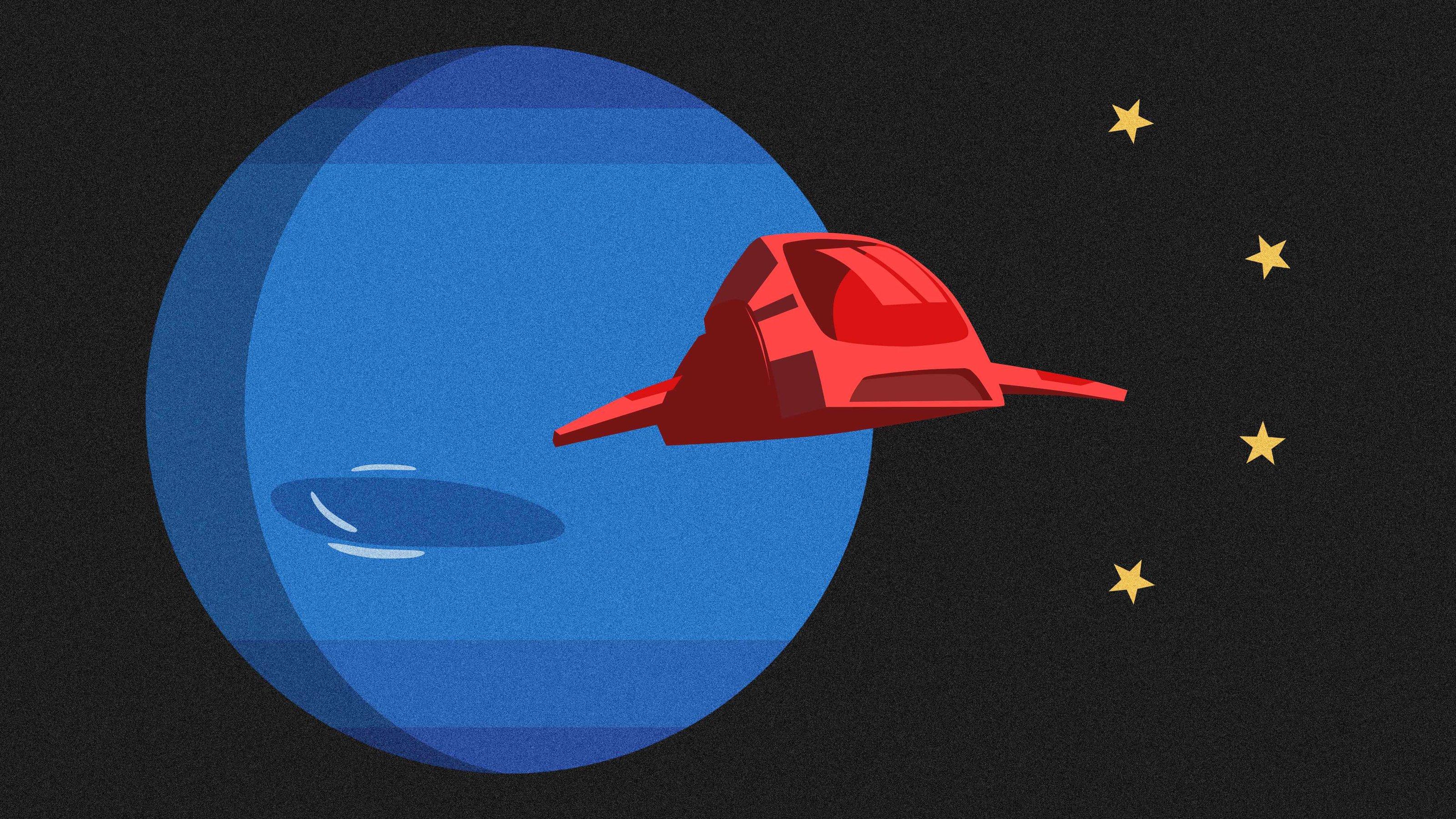 Illustration einer möglichen chinesischen robotischen Neptunmission. Im linken Hintergrund befindet sich Neptun, ein Raumschiff fliegt mittig des Bildes.