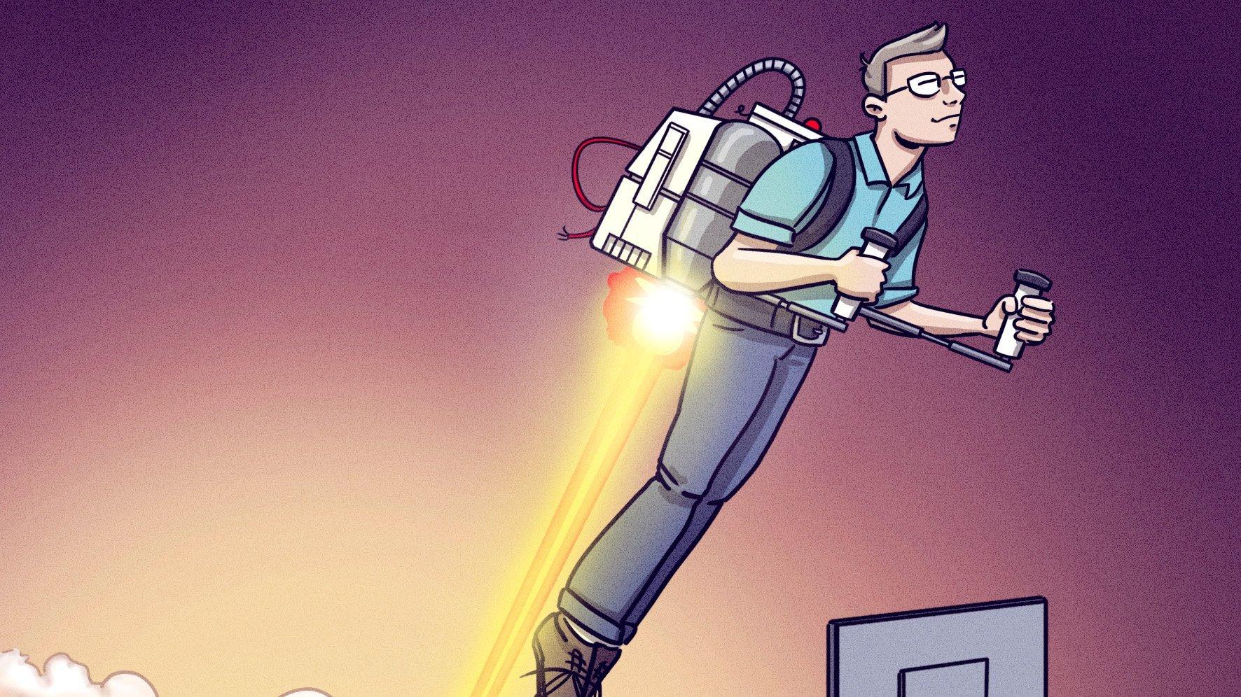 Illustration eines Redakteurs mit Jetpack