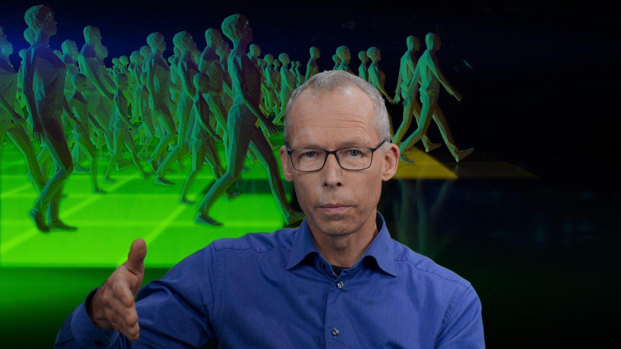 Im Vordergrund Johan Rockström, ein älterer Mann mit Brille, der mit seiner rechten Hand etwas illustriert, im Hintergrund eine Graphik: Viele menschliche Figuren gehen in einer grünen Zone, einige sind schon auf gelben Untergrund unterwegs. © 2021 Netflix, Inc.