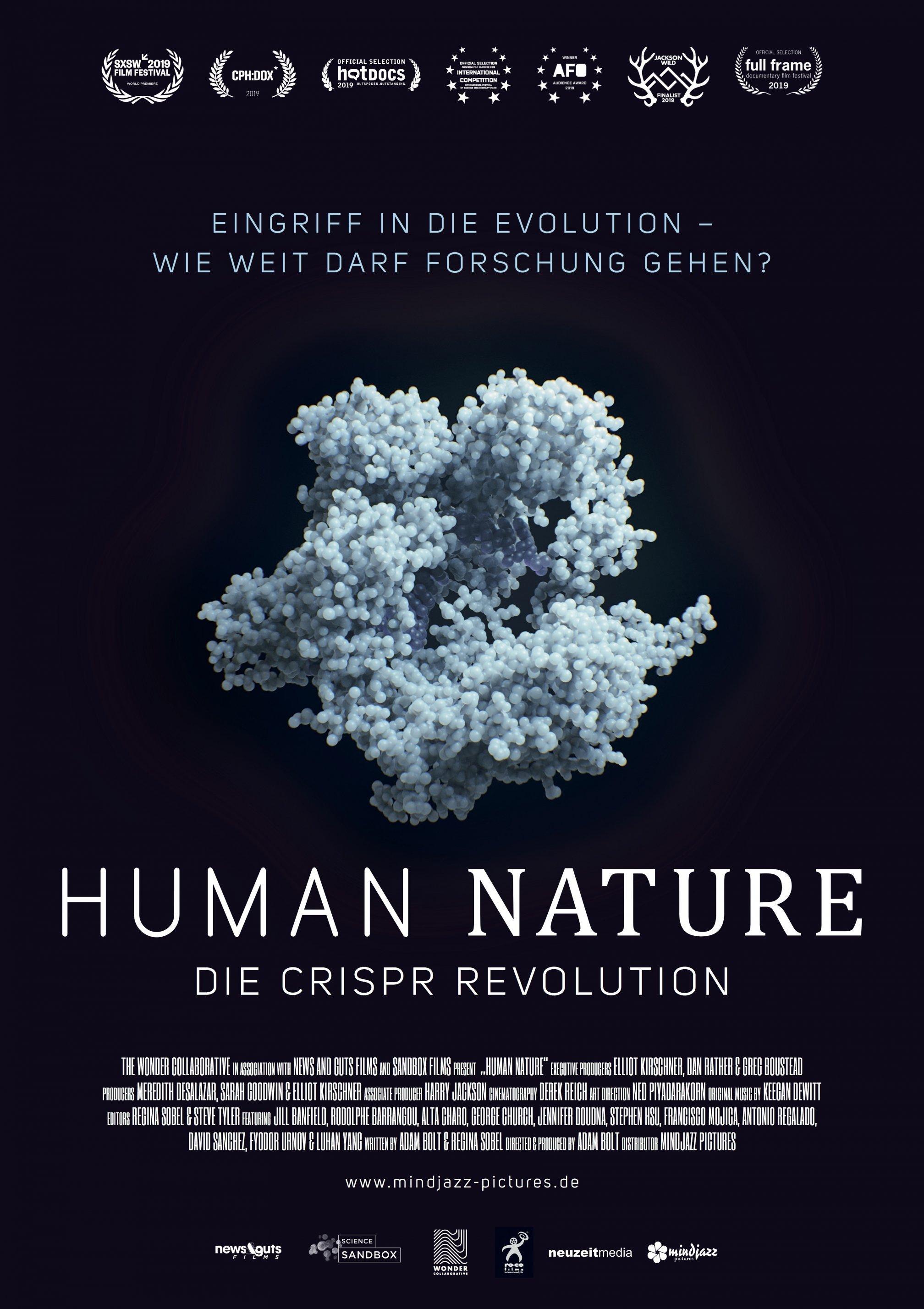 Filmplakat mit einem Bild des Biomoleküls Crispr-Cas. Es kündigt die Dokumentation „Human Nature“ an.