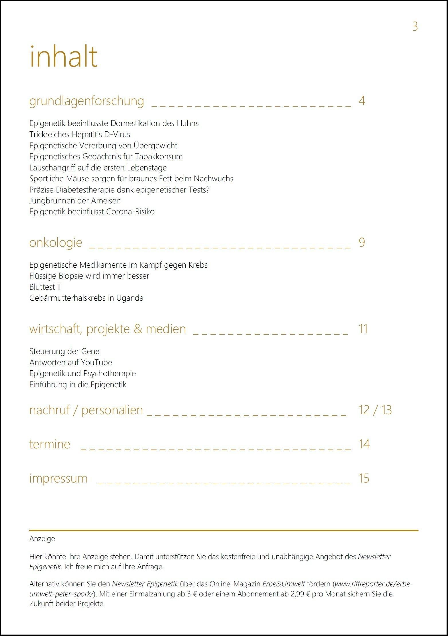 Seite 3, des Newsletter Epigenetik 33. Inhalt: Grundlagenforschung / Onkologie / Wirtschaft, Projekte & Medien / Personalien / Nachruf / Termine / Impressum