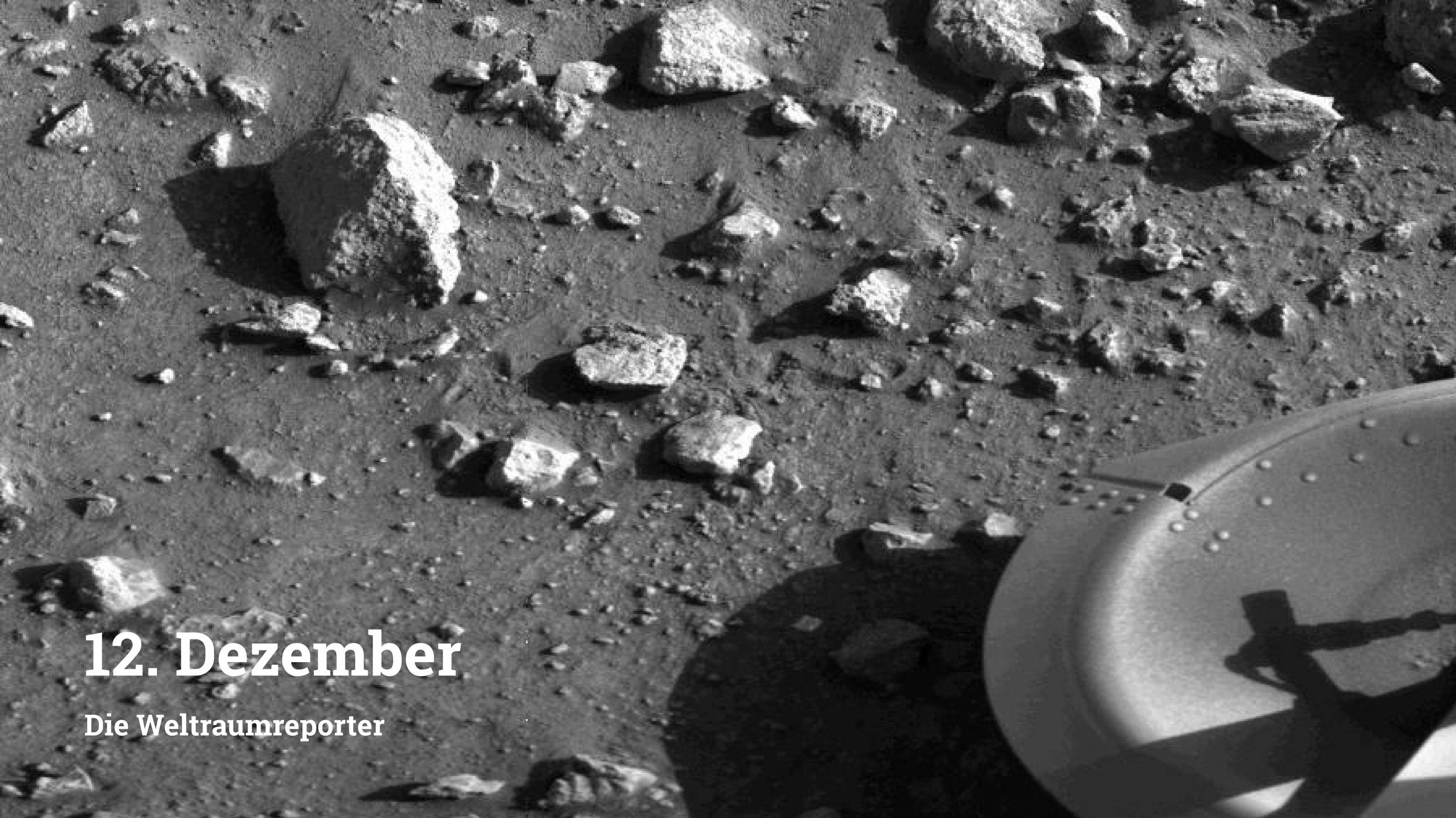 Geröll und Fuß der Viking 1-Sonde auf dem Mars, Schwarz-Weiß Foto.
