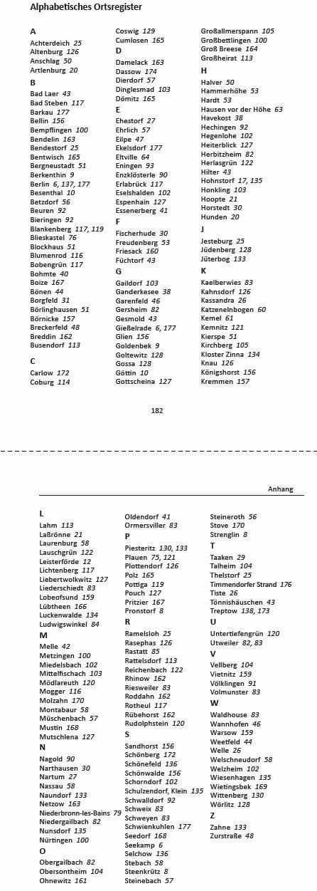Zwei Seiten aus dem Buch "Zwei Räder, ein Land", die das gesamte Ortsregister enthalten.
