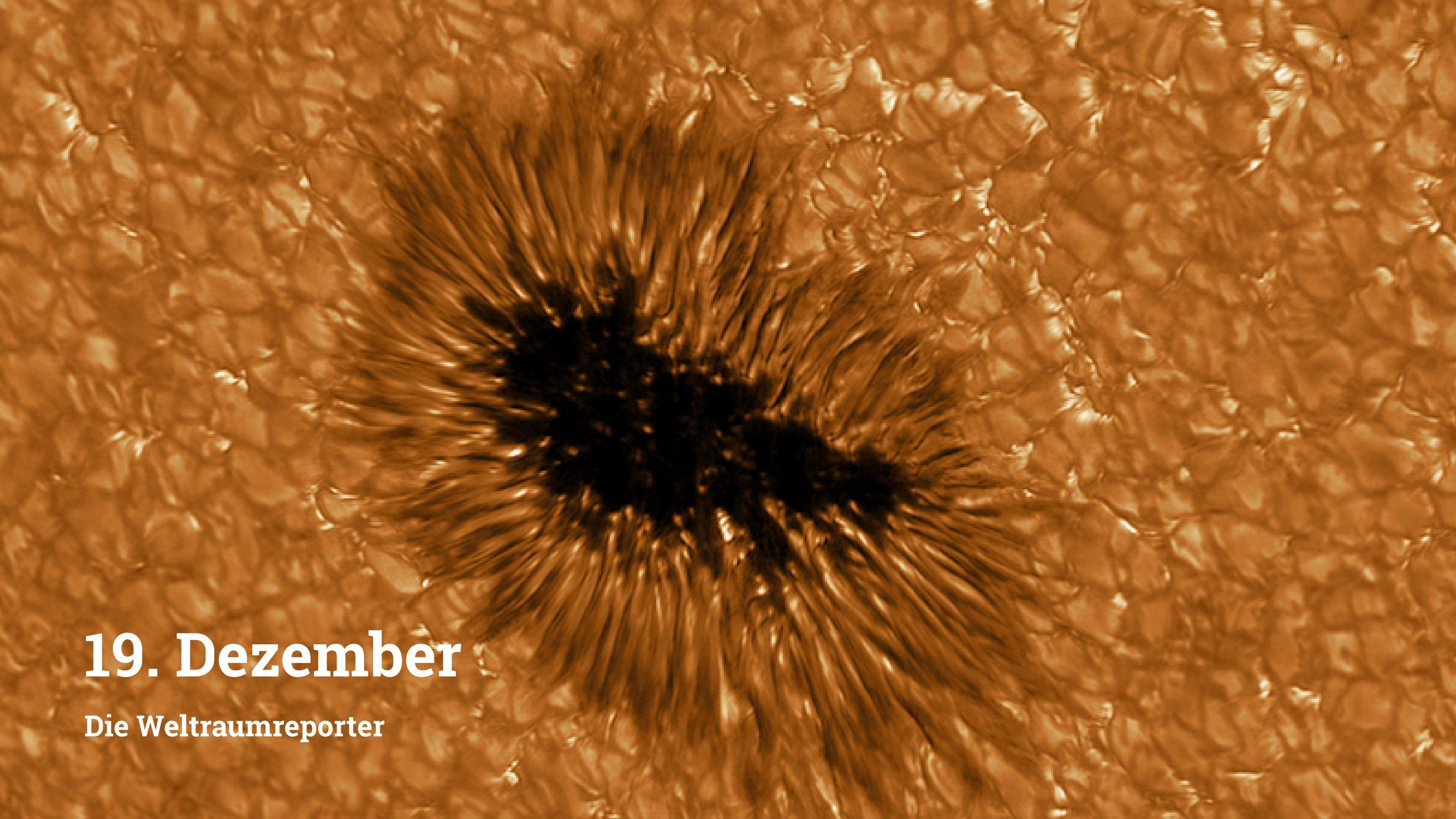 Wabenförmige Strukturen des Sonnenmagnetfeldes in höchster Auflösung, ein dunkler Sonnenfleck in der Mitte