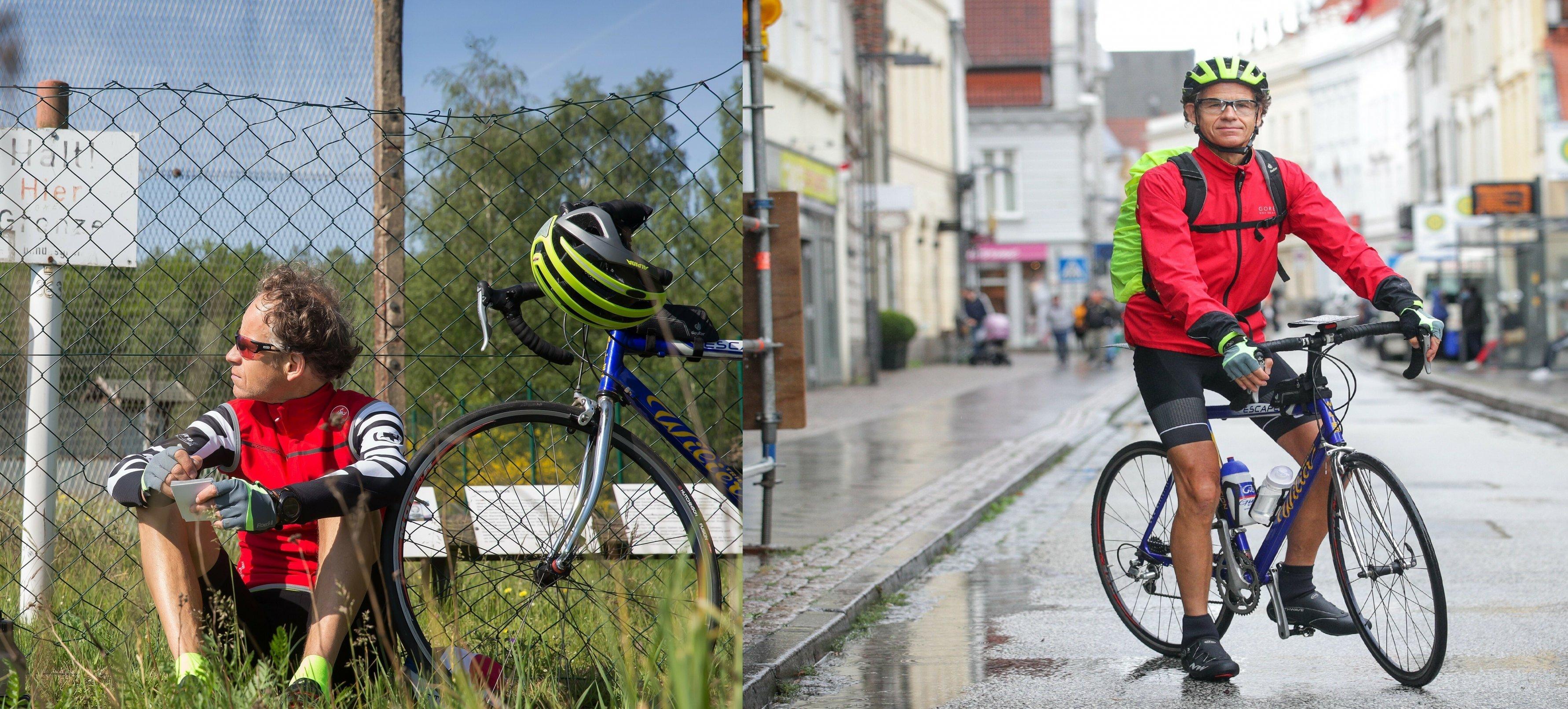 Der RadelndeReporter sitzt im linken Bildteil im Gras vor einem alten Grenzzaun; rechts posiert er mit seinem Rennrad im Regen in der Lübecker Königsstraße.