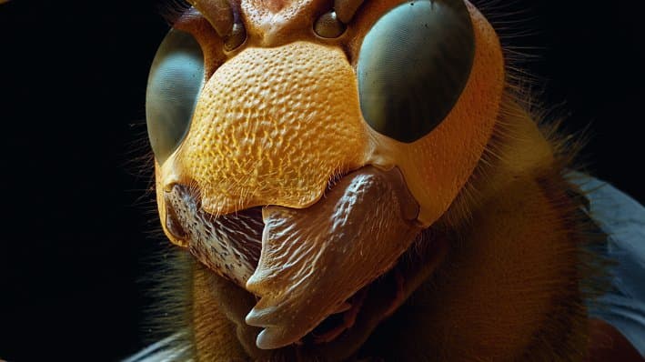 Der Kopf einer ausgewachsenen Hornisse bei 15facher Vergrößerung.