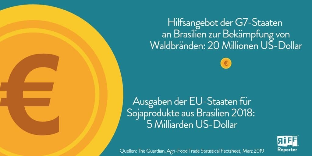 20 Millionen bieten die G7-Staaten Brasilien für die Brandbekämpfung, fünf Milliarden Euro zahlt allein die EU an Brasilien pro Jahr für Sojaprodukte.