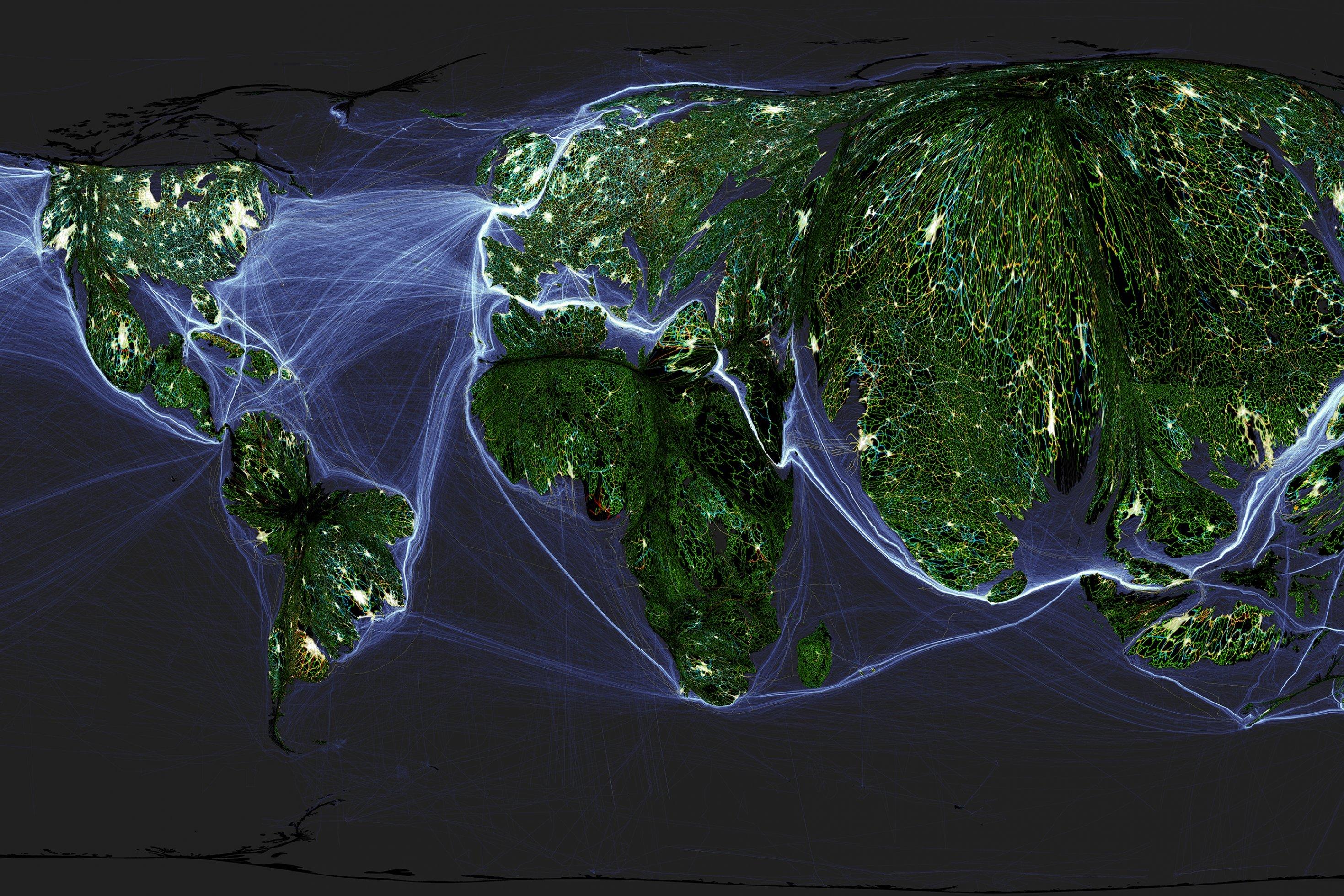 Bevölkerungskartogramm das die Landoberfläche der Erde proportional zur Verteilung der Weltbevölkerung darstellt. Darauf abgebildet sind mehrere Eben menschlicher Nutzung und Interaktion, wie Schiffsverbindungen, Straßen, Pipelines oder bebaute Gebiete.
