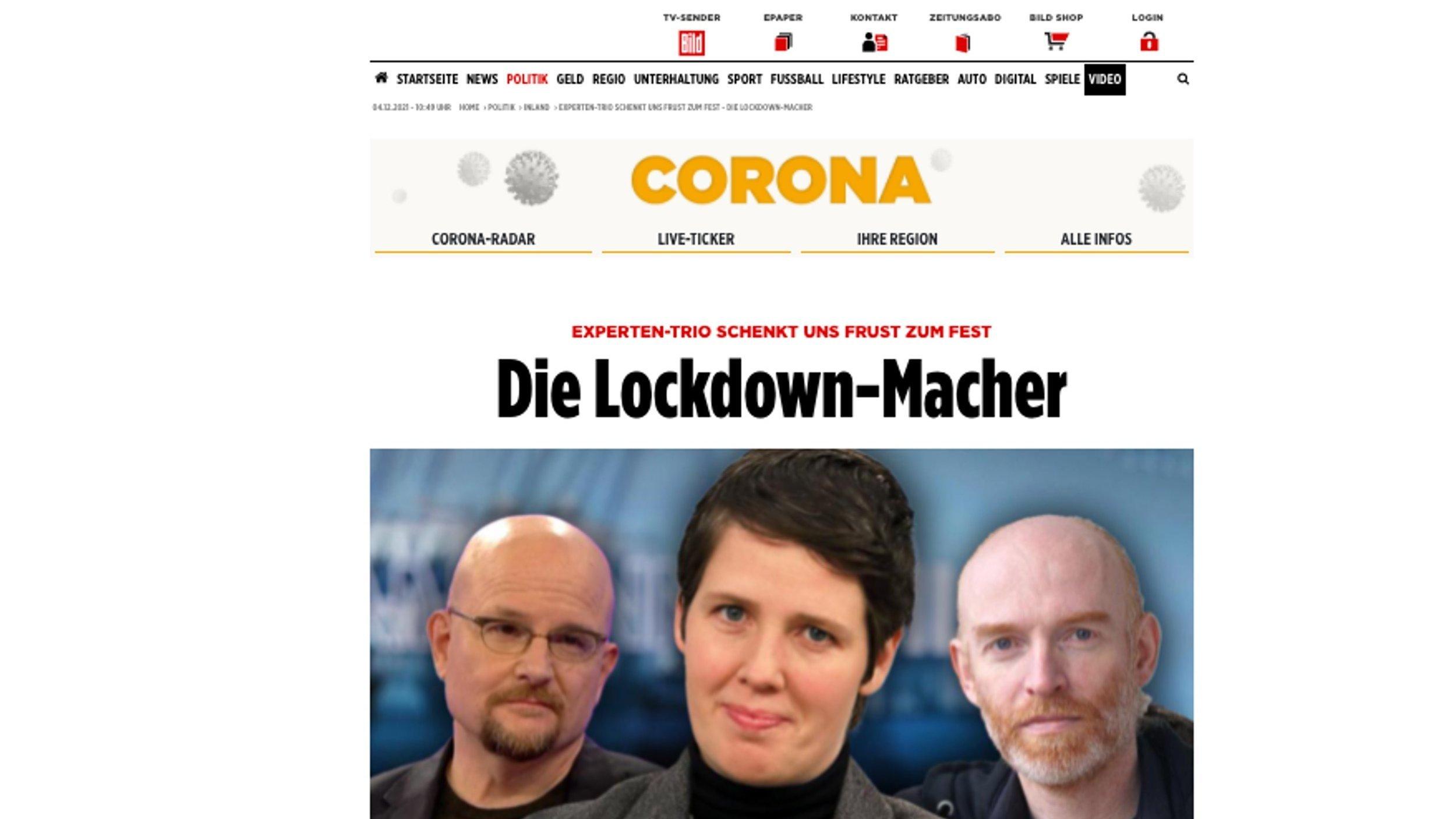 Drei Forscher werden unter der Überschrift „Die Lockdown-Macher“ gezeigt.