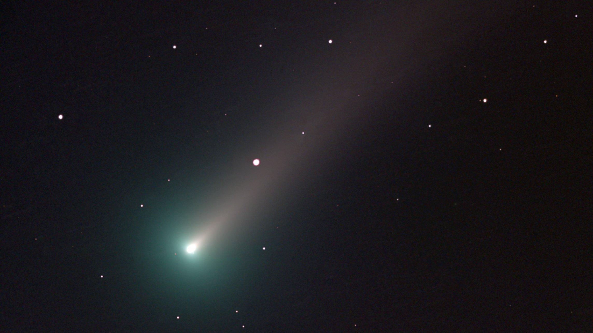 Der Komet Leonard zeigt einen hellen Kern, zusehen am unteren linken Bildrand. Der Kern ist von einer grünlichen Koma umgeben. Vom Kometenkern fächert sich nach rechts oben ein schmaler Schweif auf.