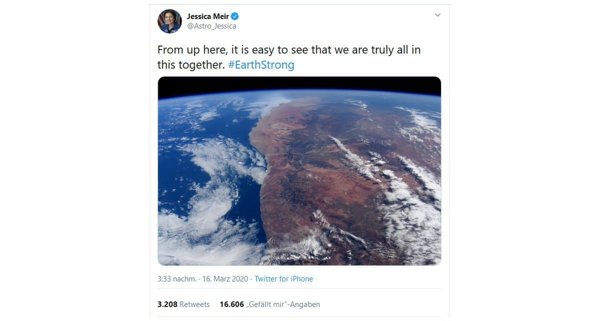 Die Meeresbiologin und Astronautin Jessica Meir schreibt in ihrem Tweet: "From up here, it is easy to see that we are truly all in this together.