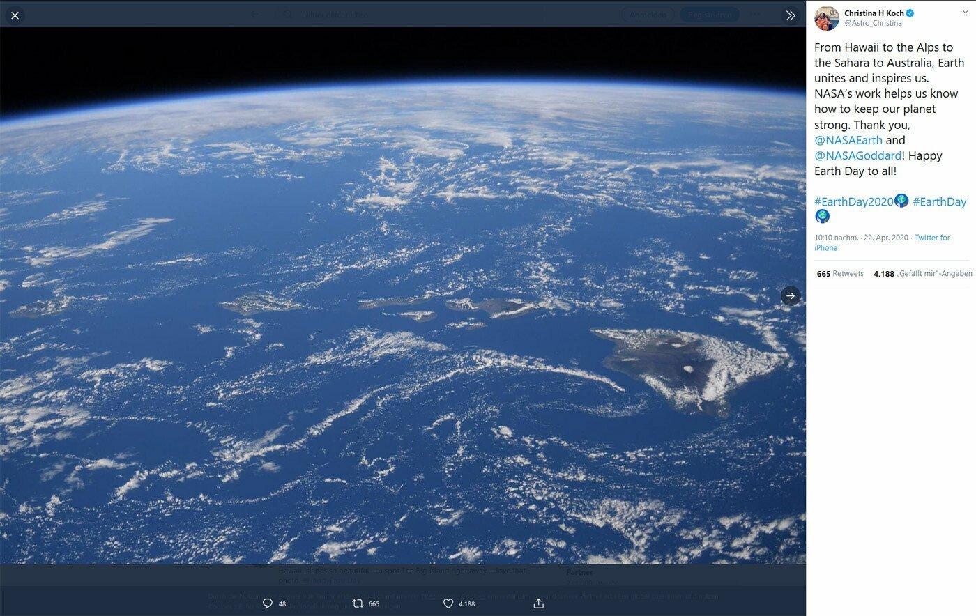 Zum Earth Day 2020 präsentiert die Astronautin Christina H. Koch vier Bilder: Hawaii, Alpen, Sahara, Australien.