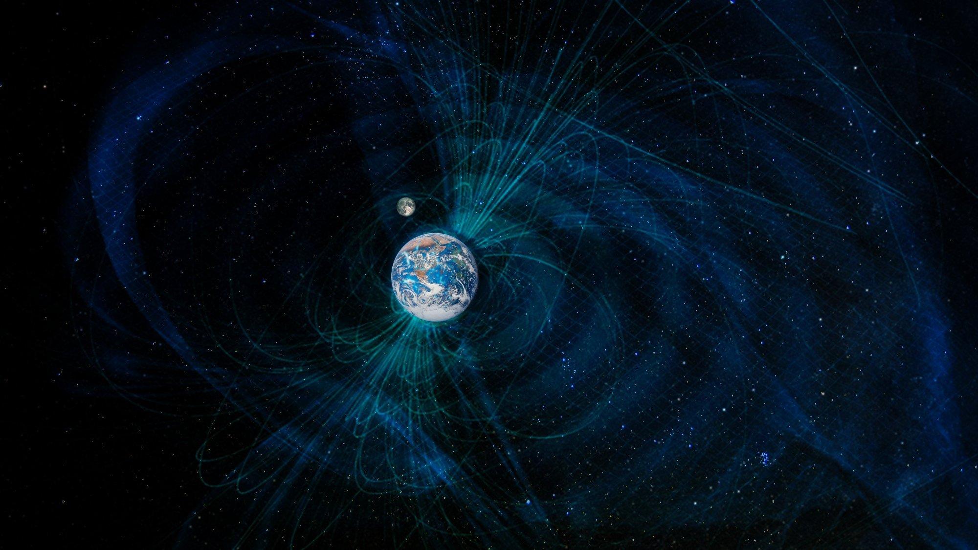 Grafik der Erde, hellblaue Magnetfeldlinien, klein darin der Mond