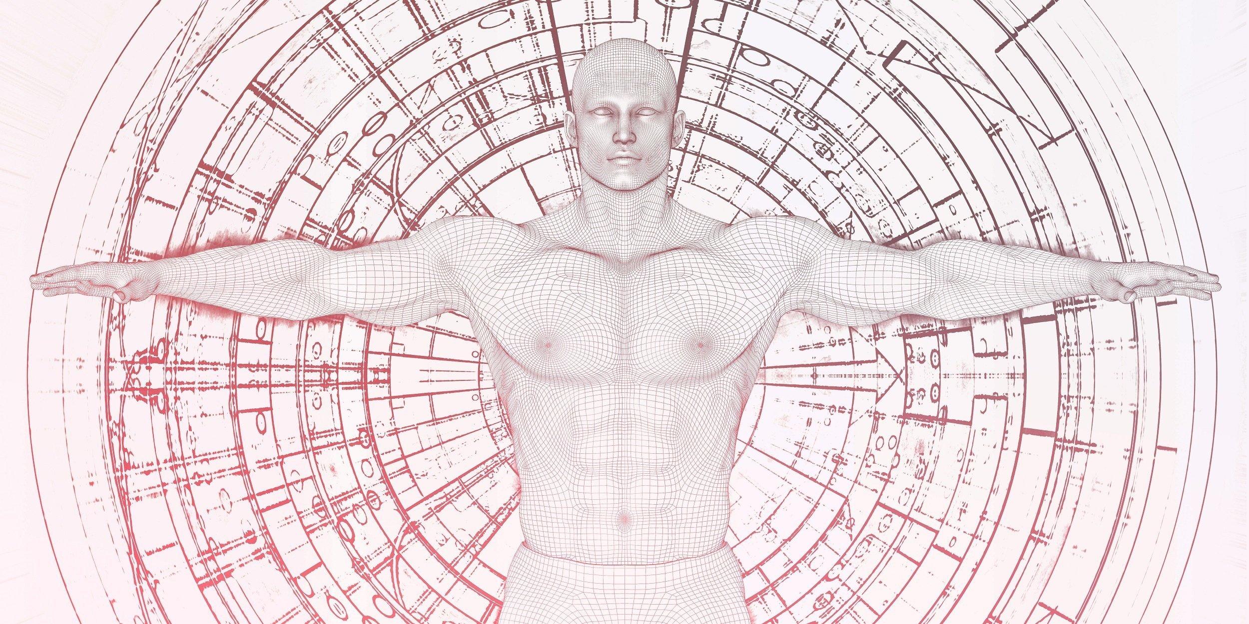 Eine futuristische Grafik zeigt einen Mann mit ausgestreckten Armen vor einem Hintergrund voller kreisförmig angeordneter technischer Zeichnungen.