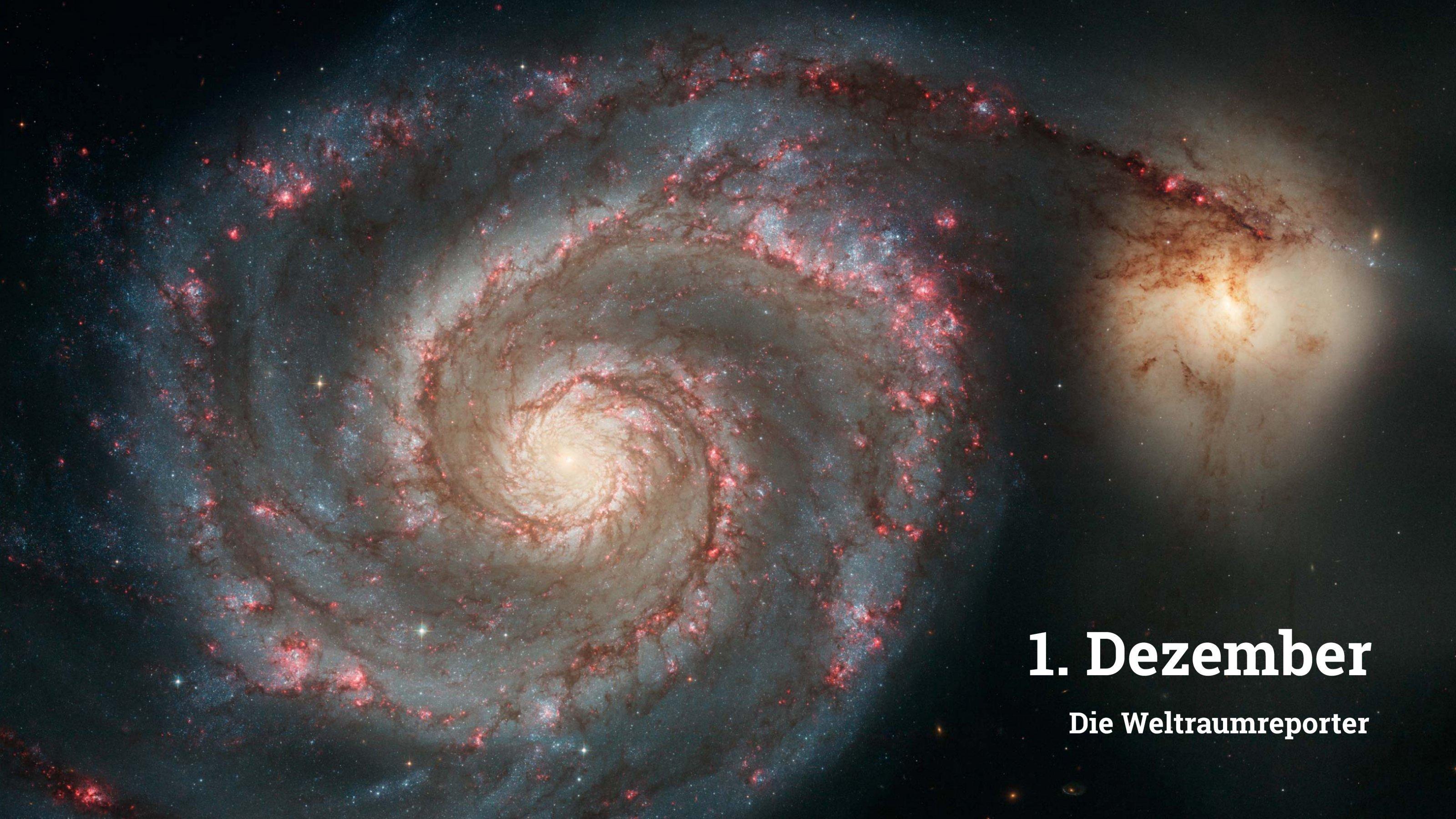 Das Bild zeigt die Spiralgalaxie M51, auch Whirlpoolgalaxie genannt. Rechts oben im Bild schienbar an einen ausladenden Spiralarm anschließend, befindet sich die kleinere Galaxie NGC 5195.