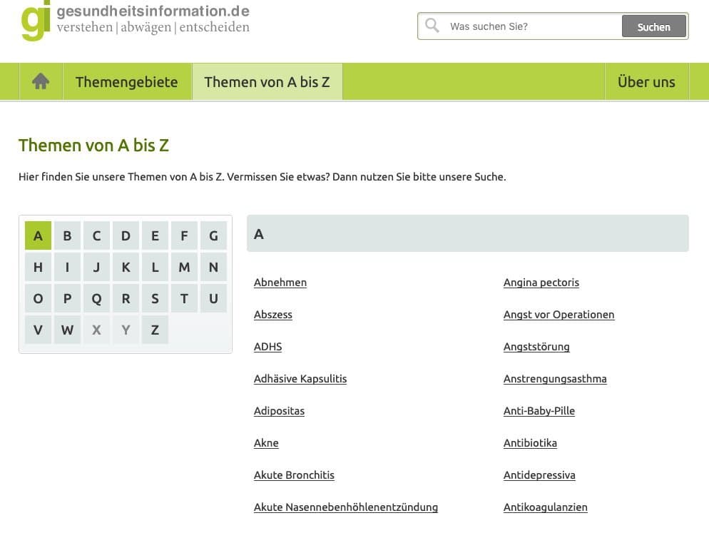 Screenshot der Suche nach alphabetischer Sortierung bei www.gesundheitsinformation.de