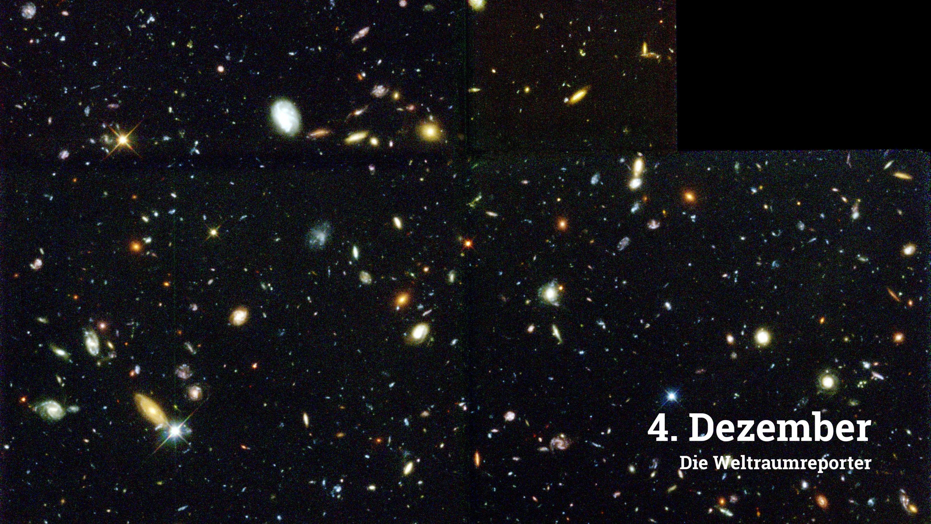 Zu sehen sind tausende von Galaxien in unterschiedlichen Farben und Formen. Das Hubble Deep Field zeigt aufgrund der langen Belichtungszeit auch sehr leuchtschwache und weit entfernte Galaxien, deren Licht Milliarden von Lichtjahren durch das Universum unterwegs war, bis es im Jahr 1995 über einen Zeitraum von zehn Tagen vom Hubble-Weltraumteleskop gesammelt wurde.