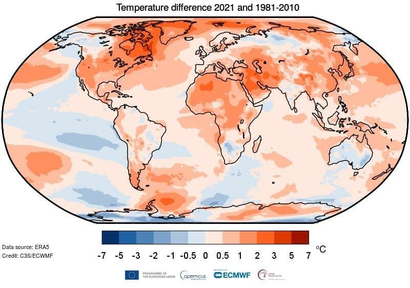 Weltkarte mit farblichen Hervorhebungen der Temperaturveränderungen