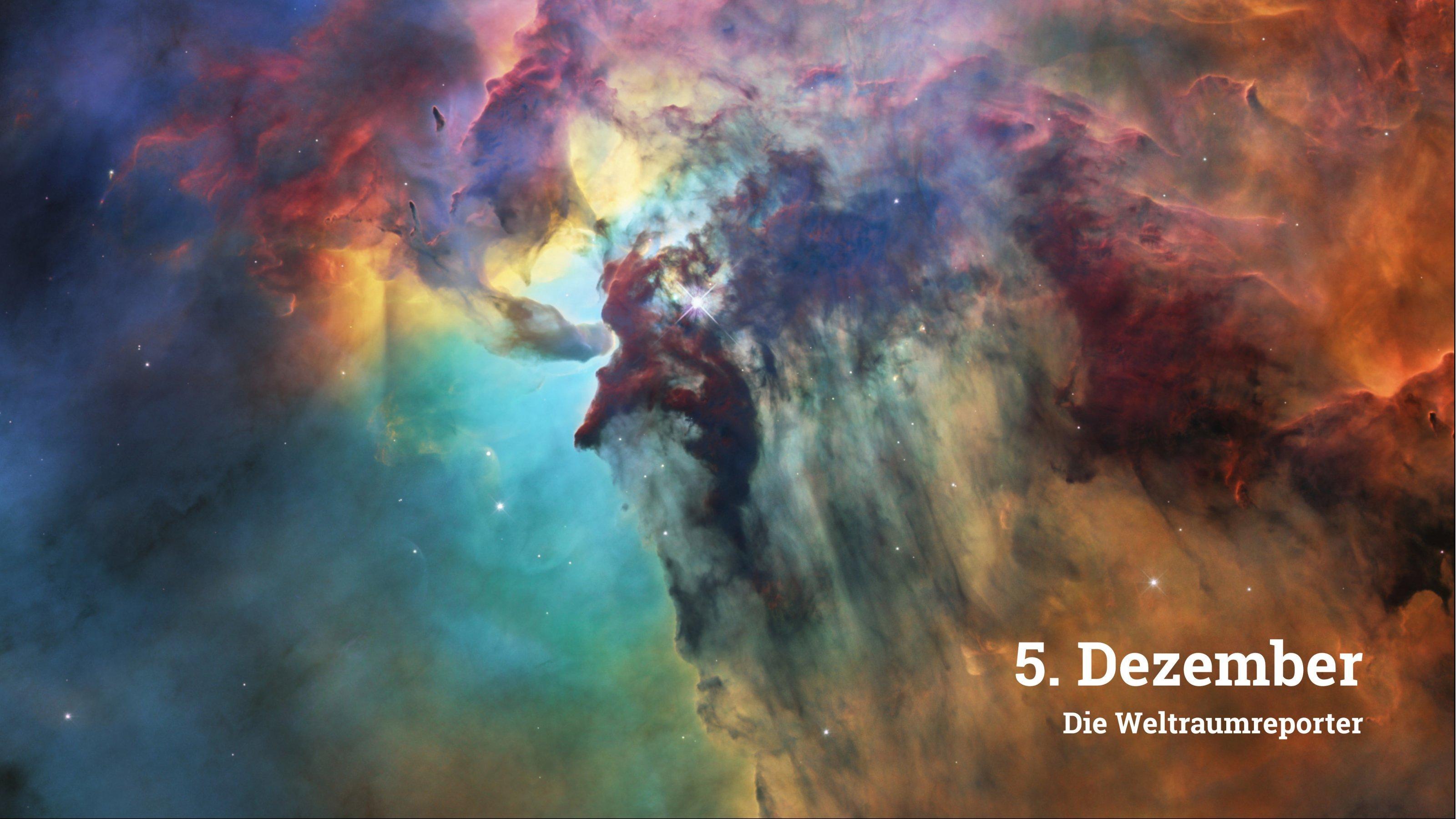 Im Bild sind nebelartige Strukturen in den unterschiedlich schillernden Farben eines Regenbogens zu sehen. An einigen Stellen durchziehen dunklere Gebiete den farbprächtigen Nebel. Aufnahme des Lagunennebels mit dem Hubble-Weltraumteleskop.