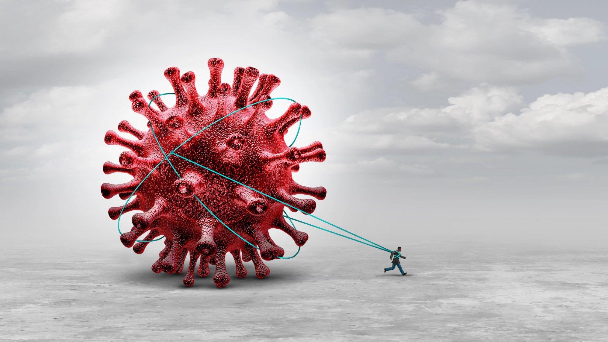 Symbolische Illustration: Ein klein zu erkennender Mann versucht zu rennen, wird jedoch von einem riesigen, rot eingefärbten Coronavirus ausgebremst, das mit einer Schnur hinter seinem Körper festgebunden ist