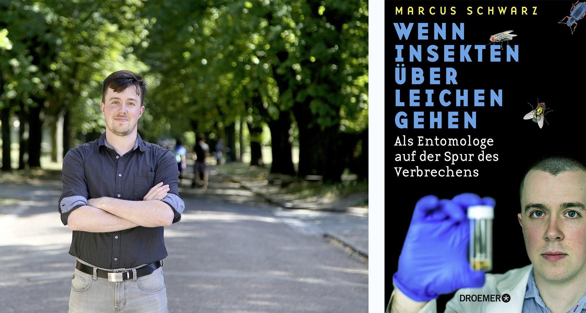 Linke Bildhälfte: Der Autor steht mit verschränkten Armen auf einer Allee und schaut in die Kamera. Rechte Bildhälfte: Das Cover des Buchs, Der Autor hält ein Röhrchen in die Kamera.