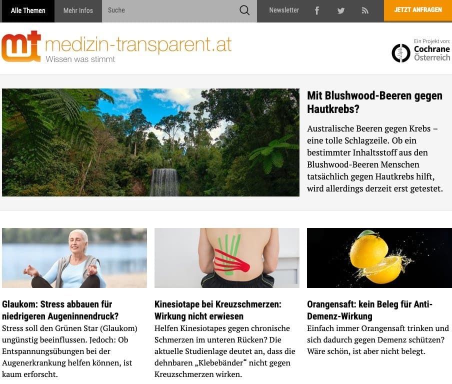 Screenshot der Startseite von „Medizin-Transparent“. Zu sehen sind Aufmacher, Überschriften und Artikelteaser der aktuellsten Beiträge.