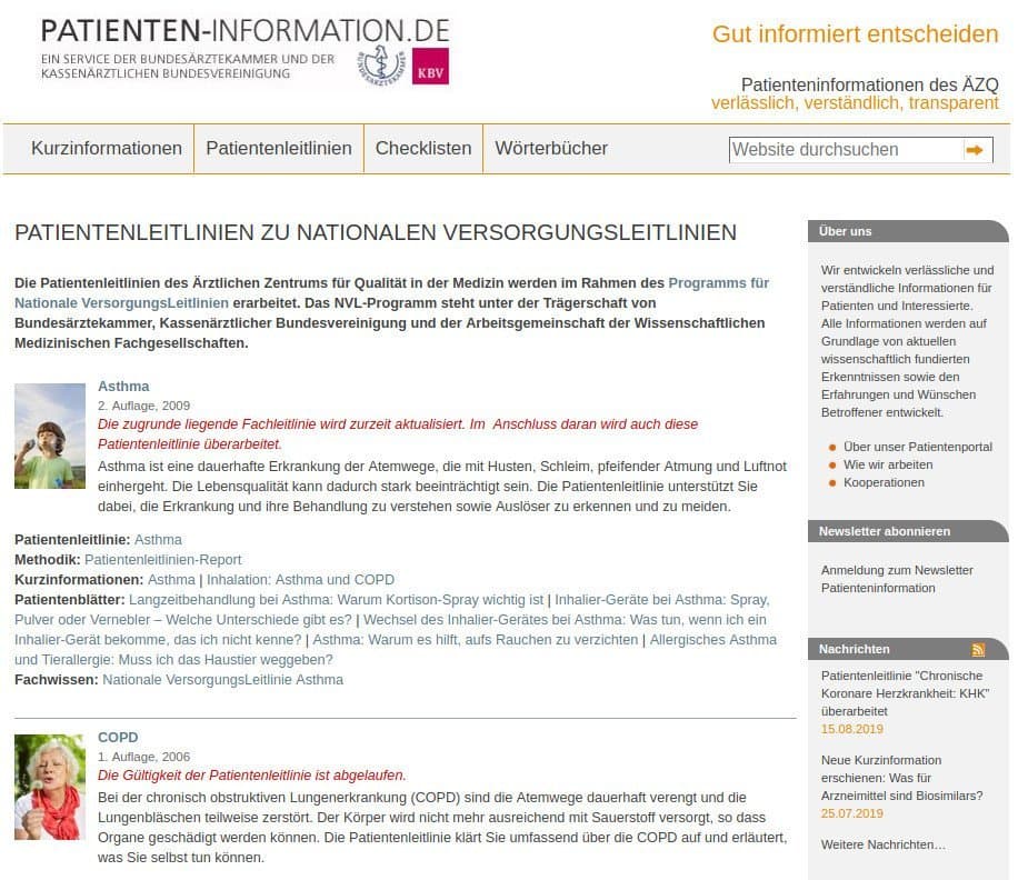 Screenshot der Übersichtsseite der Patientenleitlinien der Nationalen Versorgungsleitlinien auf der Website „Patienten-Information“. Zu sehen ist der Einführungstext und die Sidebar mit Navigationselementen