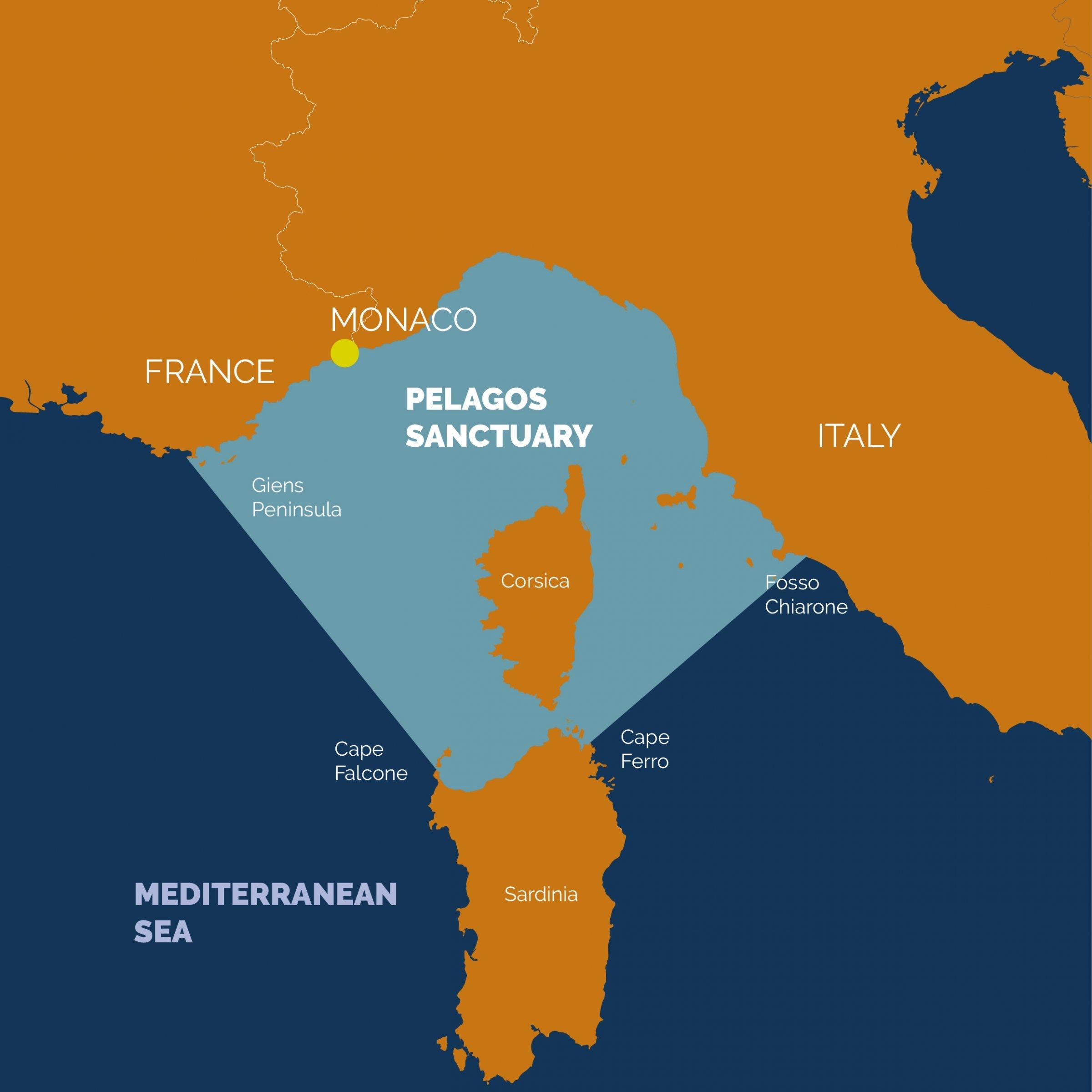 Ein Kartenausschnitt zeigt das geschützte Meergebiet zwischen der Côte d’Azur über Monaco und Ligurien bis Sardinien und Korsika