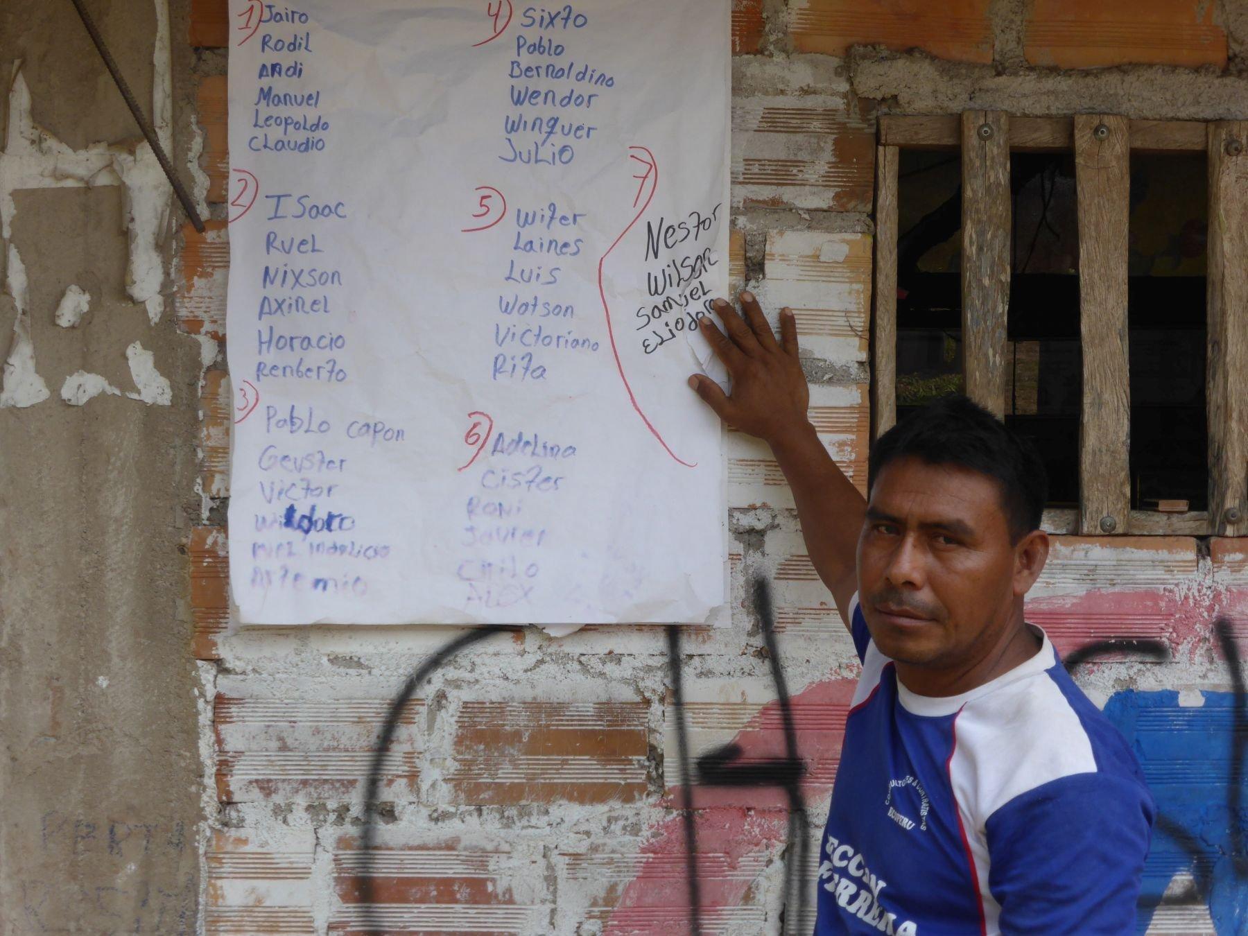 Indigener Mann zeigt mit dem Finger auf ein Plakat mit handgeschriebenen Namen, das an einem Haus klebt.