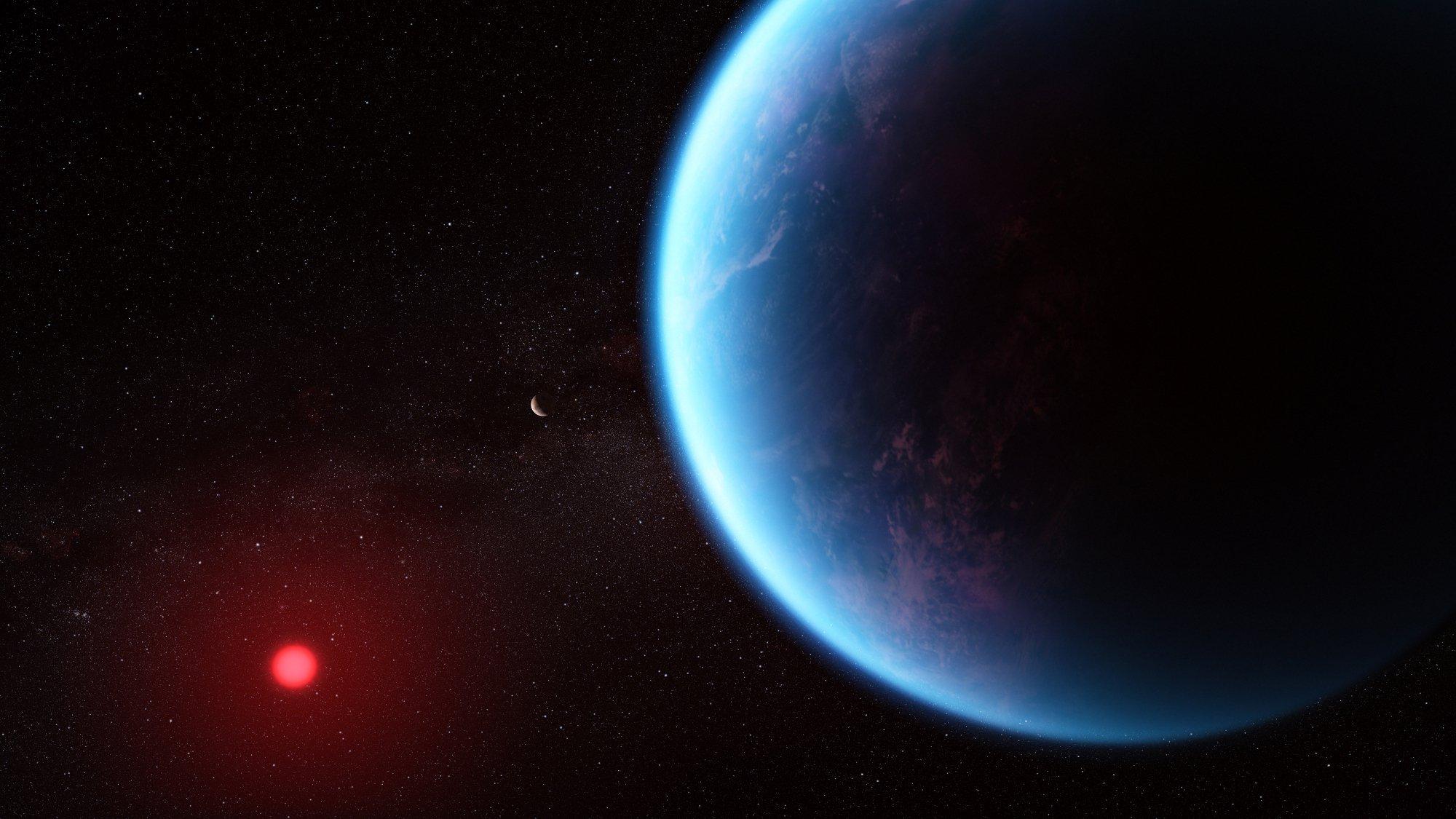 Die künstlerische Darstellung zeigt einen komplett bläulichen Planeten in dessen Atmosphäre es weißliche Woken zu geben scheint.