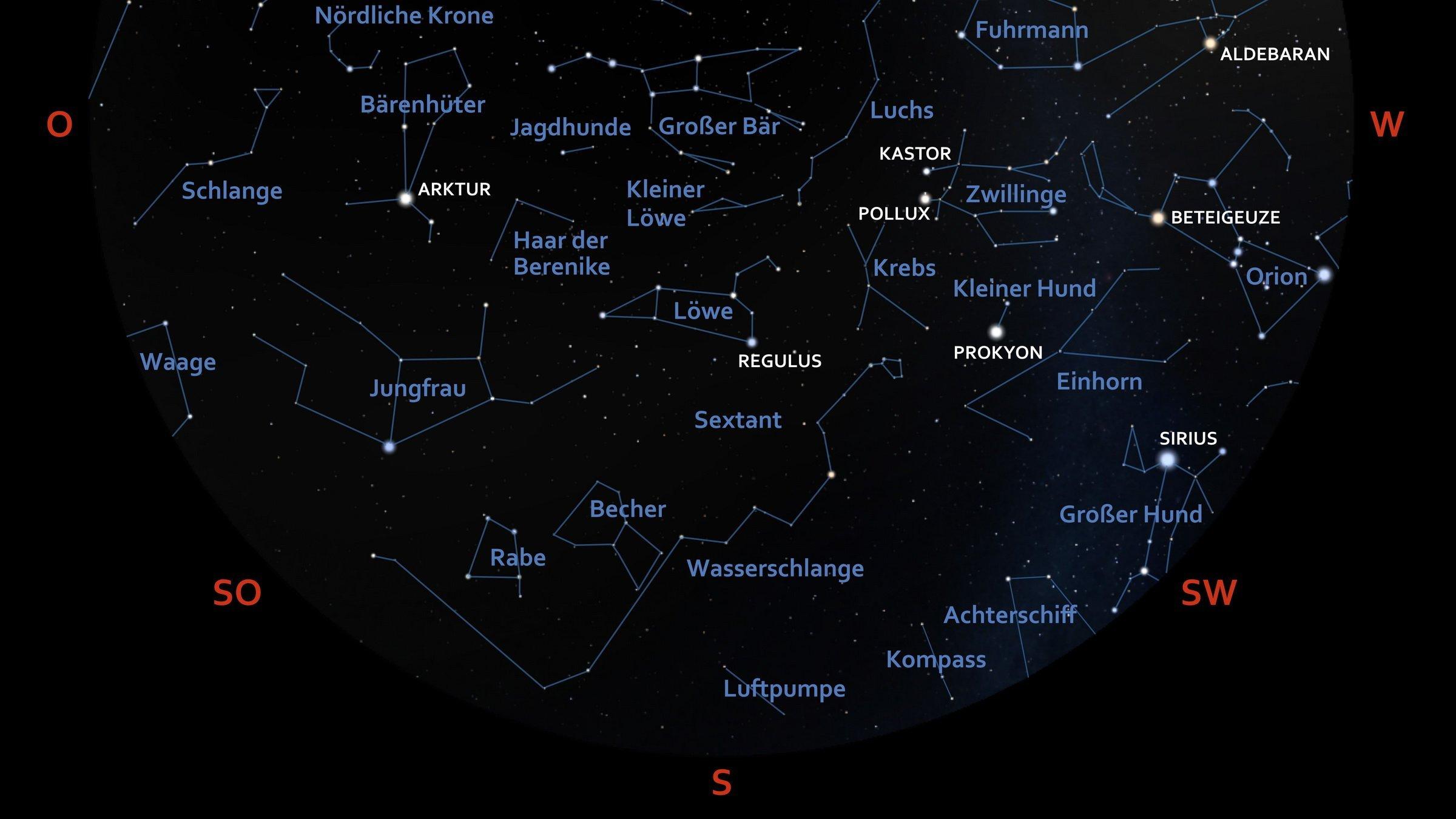 Diese Sternkarte zeigt die Position von Sternen und Planeten als helle Punkte vor dunklem Hintergrund für Anfang April 2024 gegen 23:00 Uhr MESZ in Richtung Süden für den Standort Frankfurt am Main.