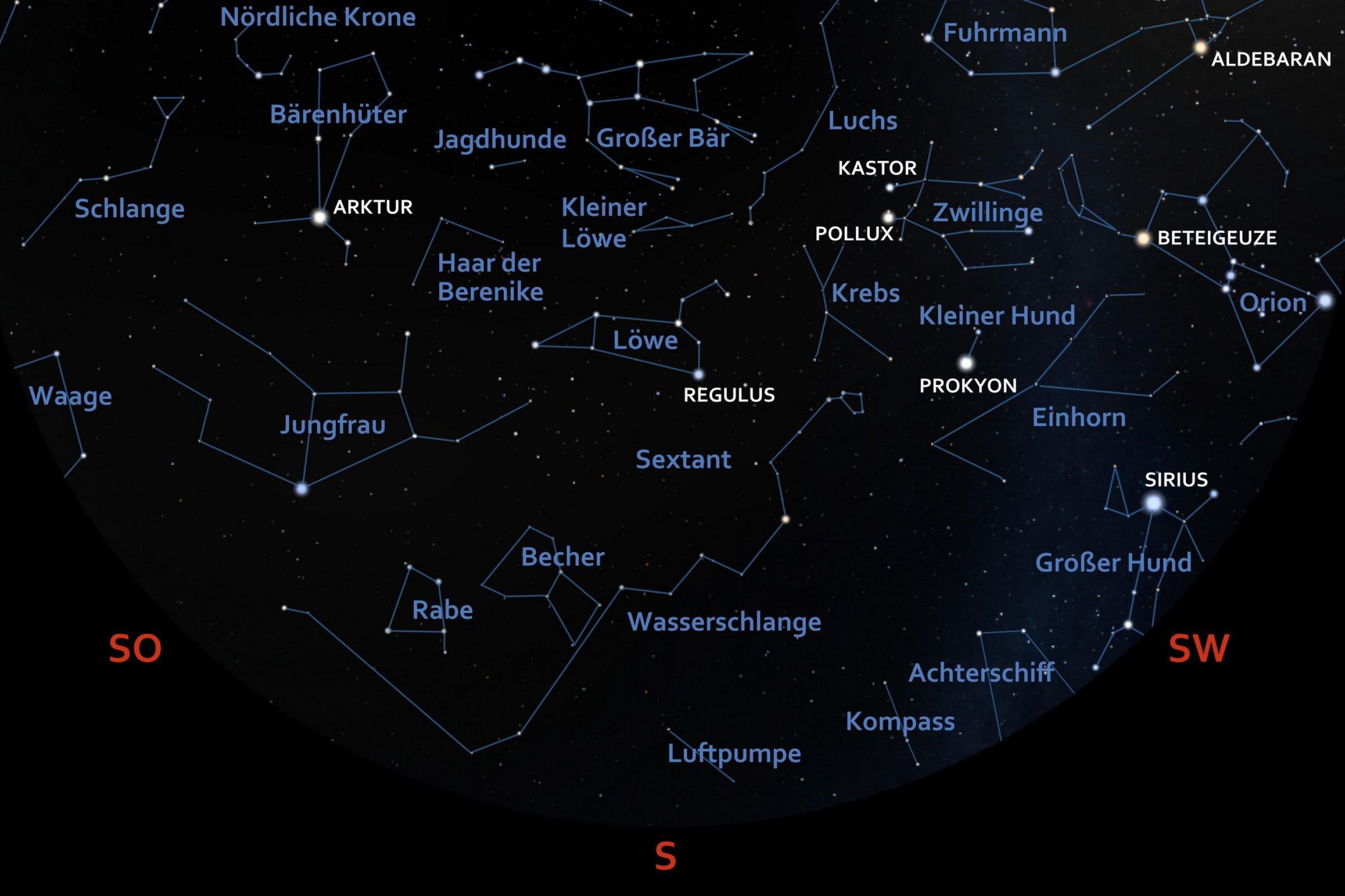 Diese Sternkarte zeigt die Position von Sternen und Planeten als helle Punkte vor dunklem Hintergrund für Anfang April 2024 gegen 23:00 Uhr MESZ in Richtung Süden für den Standort Frankfurt am Main.
