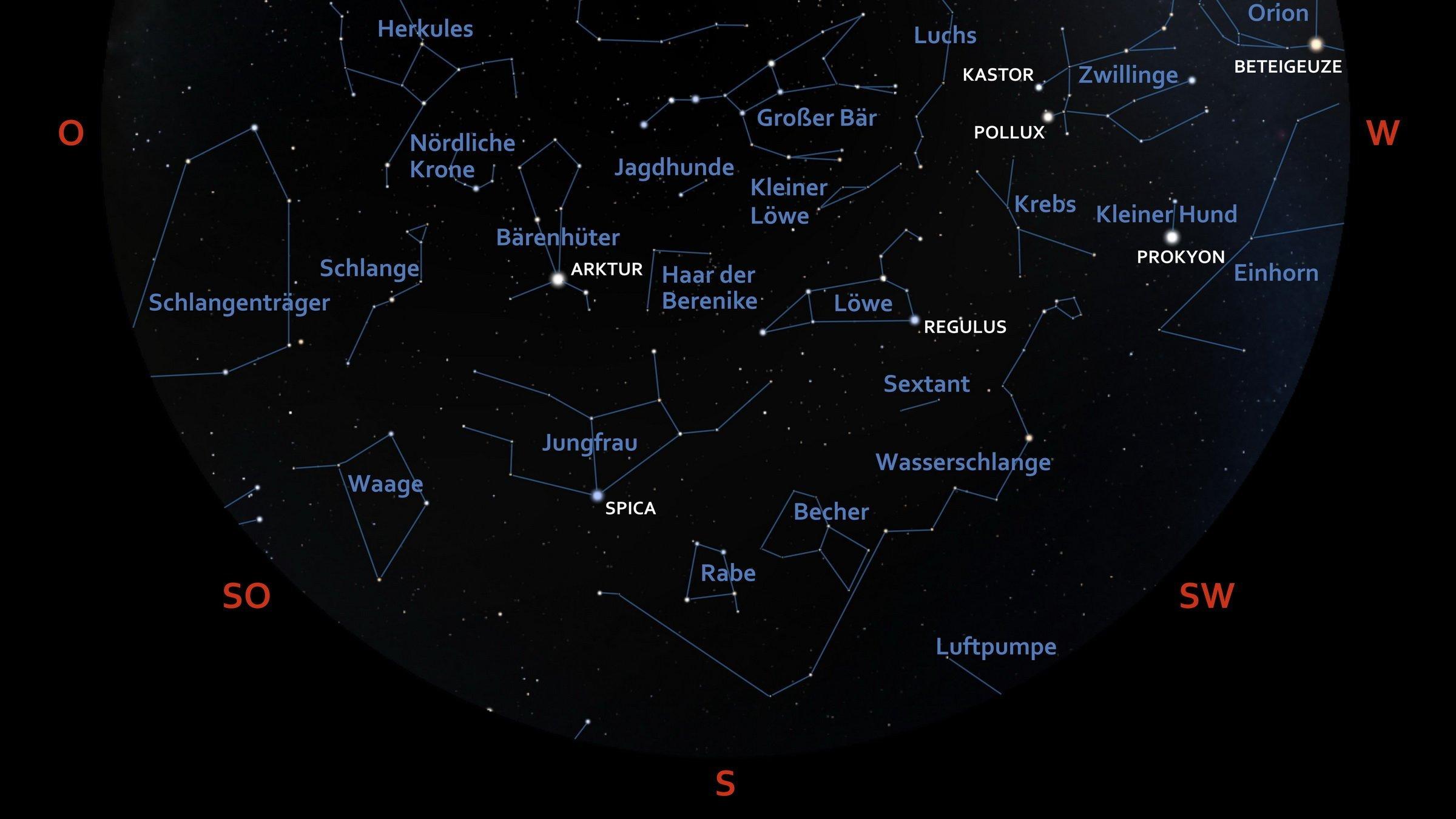Die Himmelskarte zeigt die Position der Sterne als helle Punkte vor dunklem Hintergrund für Anfang Mai 2024 gegen 23:00 Uhr MESZ beim Blick in Richtung Süden für den Standort Frankfurt am Main.
