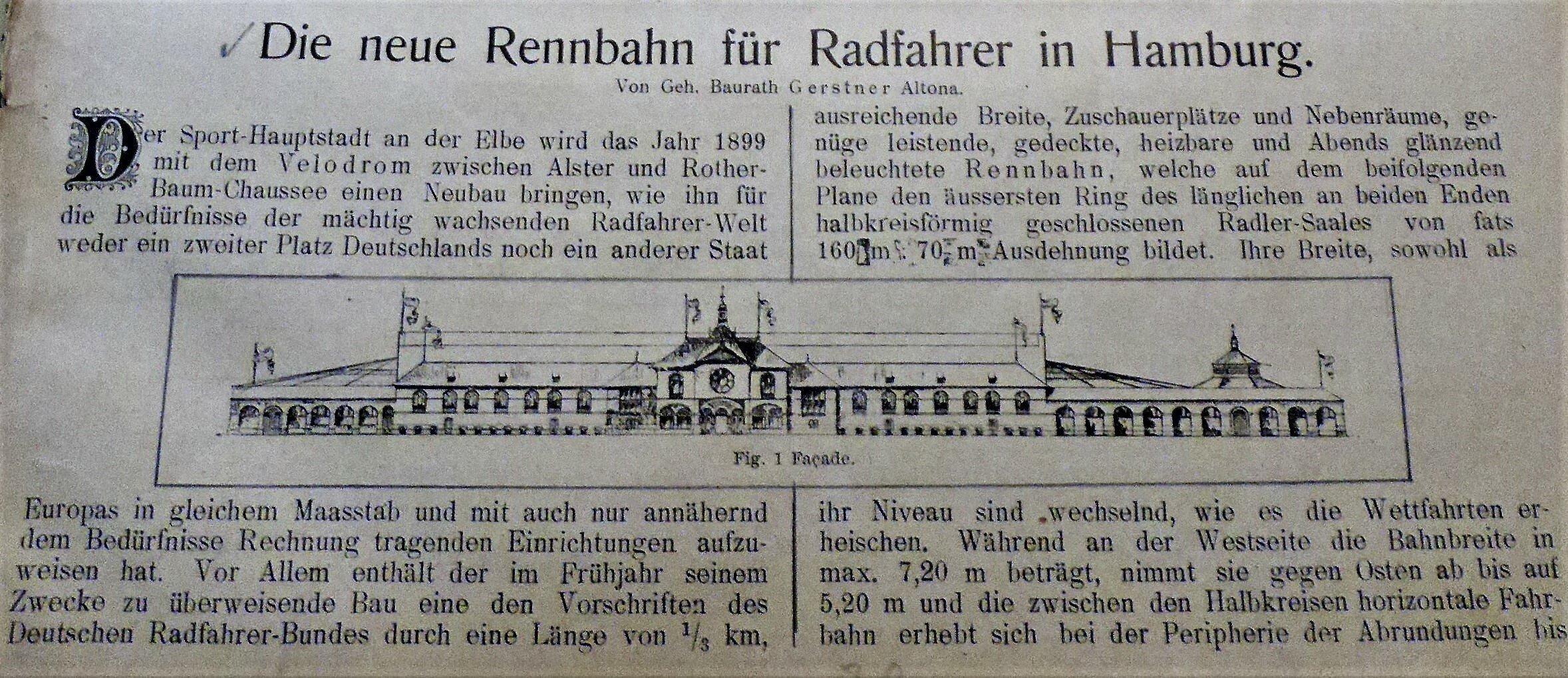 Zeitungsausschnitt von der Fassade, mit vielen Bögen, Kuppeln und Fahnen.