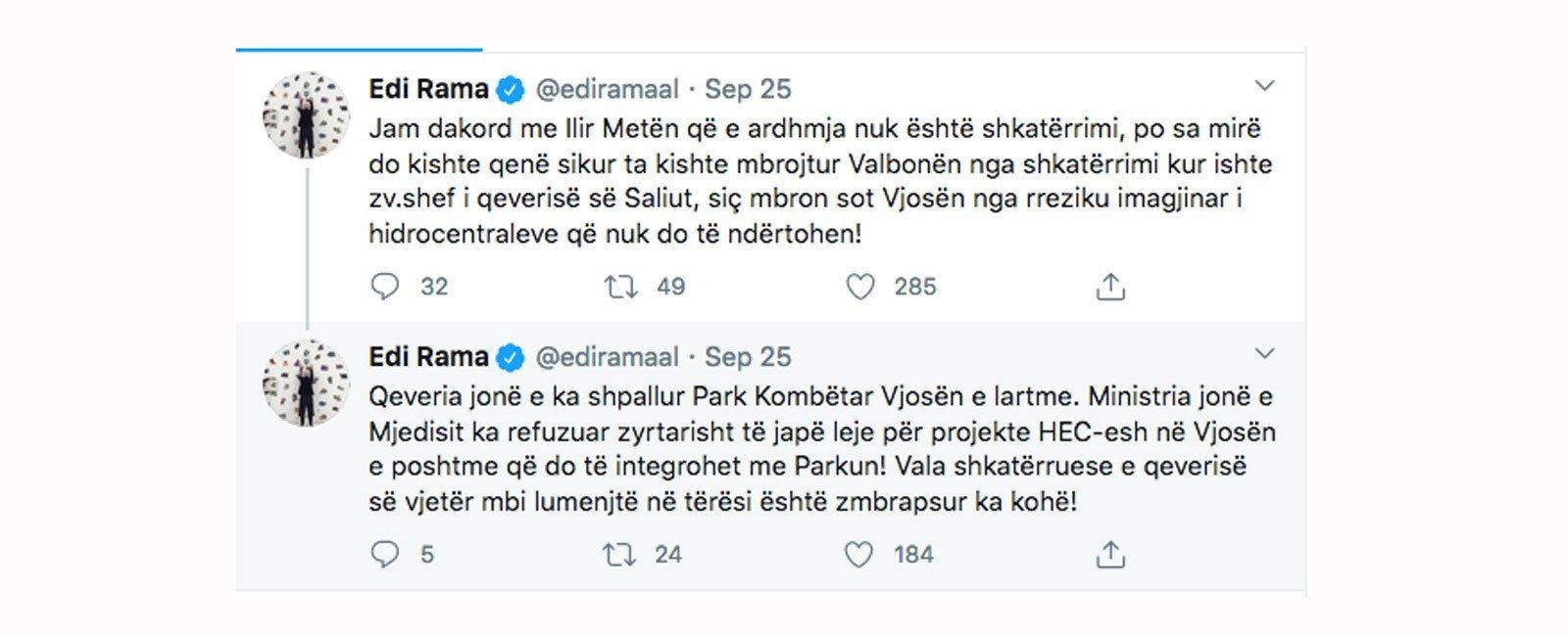 Tweet von Premier Edi Rama auf Albanisch.
