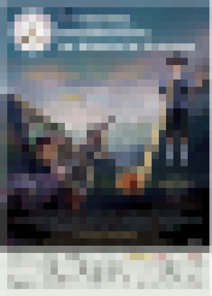 Ein Plakat im Hochformat, das das 1. Festival der Hochgebirgsmusik 2014 ankündet. Darauf ist, je gezeichnet, ein Alphornbläser in Tracht, ein Mensch aus den Anden mit Horn und im Hintergrund ein Sitarspieler zu sehen.