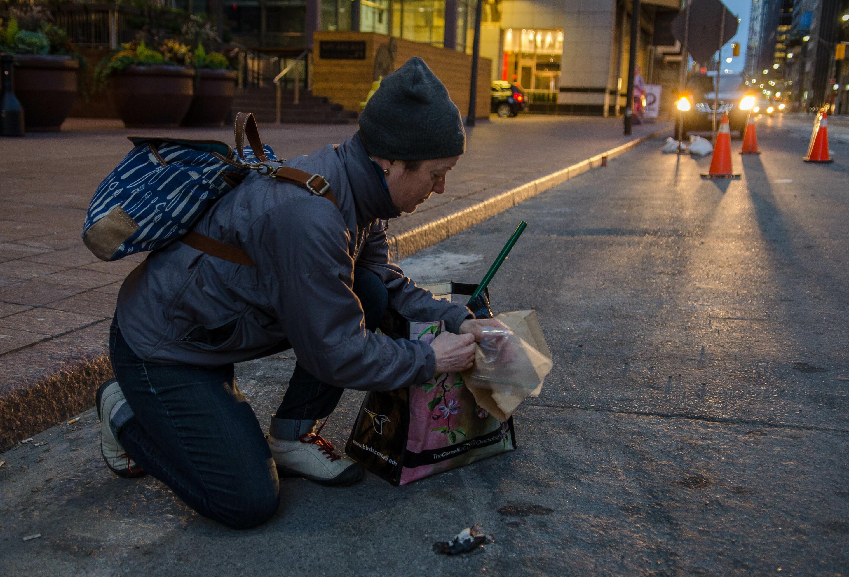Eine Frau kniet auf der Straße, in der Hand ein Papier, in das sie den toten Vogel neben sich einhüllen und wegbringen wird
