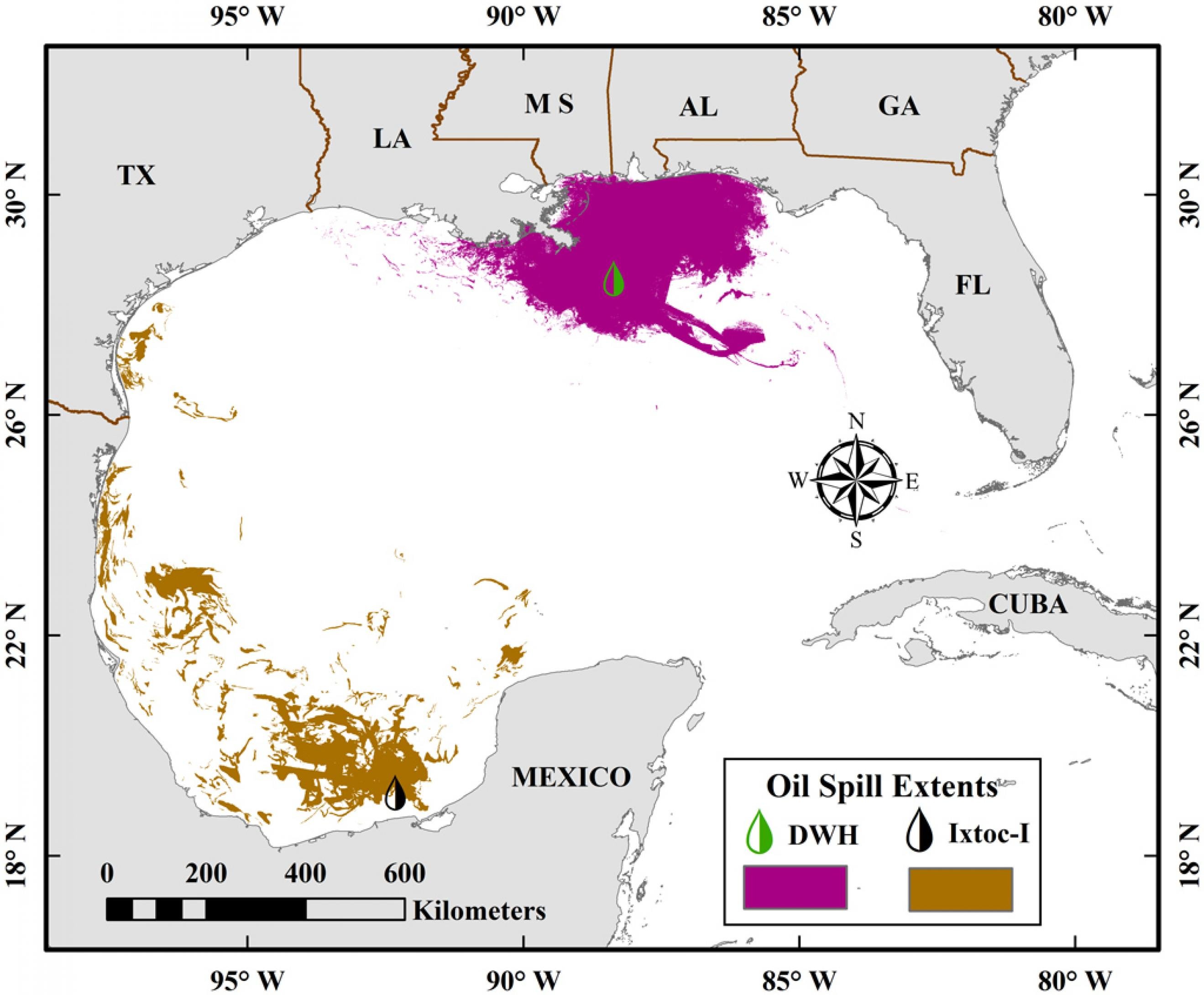 Karte des Golf von Mexiko, samt der Küste von Mexiko, den USA und Kuba. Der Ölteppich von Ixtoc 1 erstreckt sich von der Halbinsel Yucatan bis rauf an die Küste von Texas. Der Ölteppich von Deepwater Horizon erstreckt sich bis an die Küsten von Lousiana, Mississippi, Alabama und Florida.