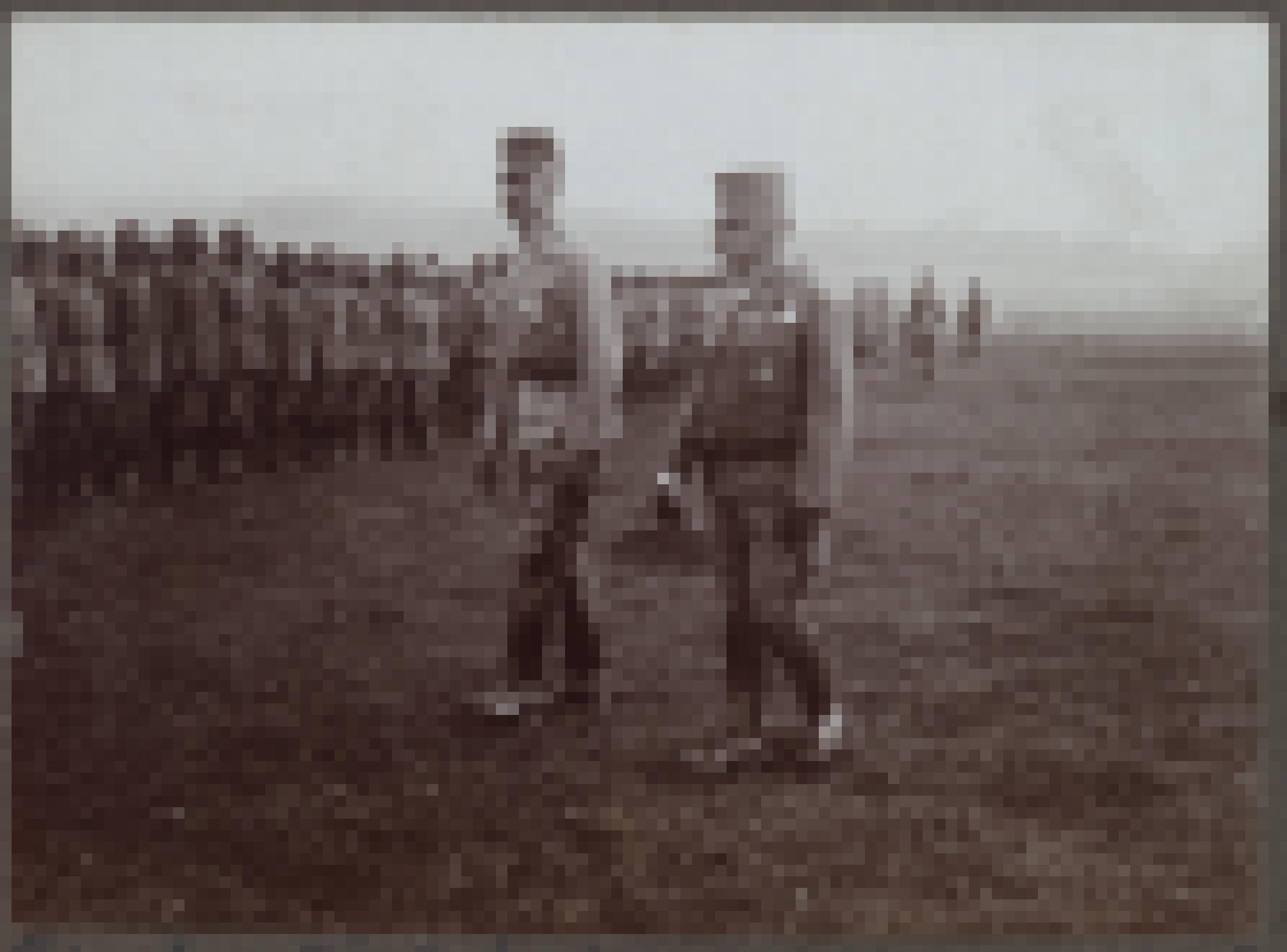 Bräunliche Schwarzweißfotografie, die auf einer Wiese zwei Männer in Uniform vor der angetretenen Truppe zeigt.
