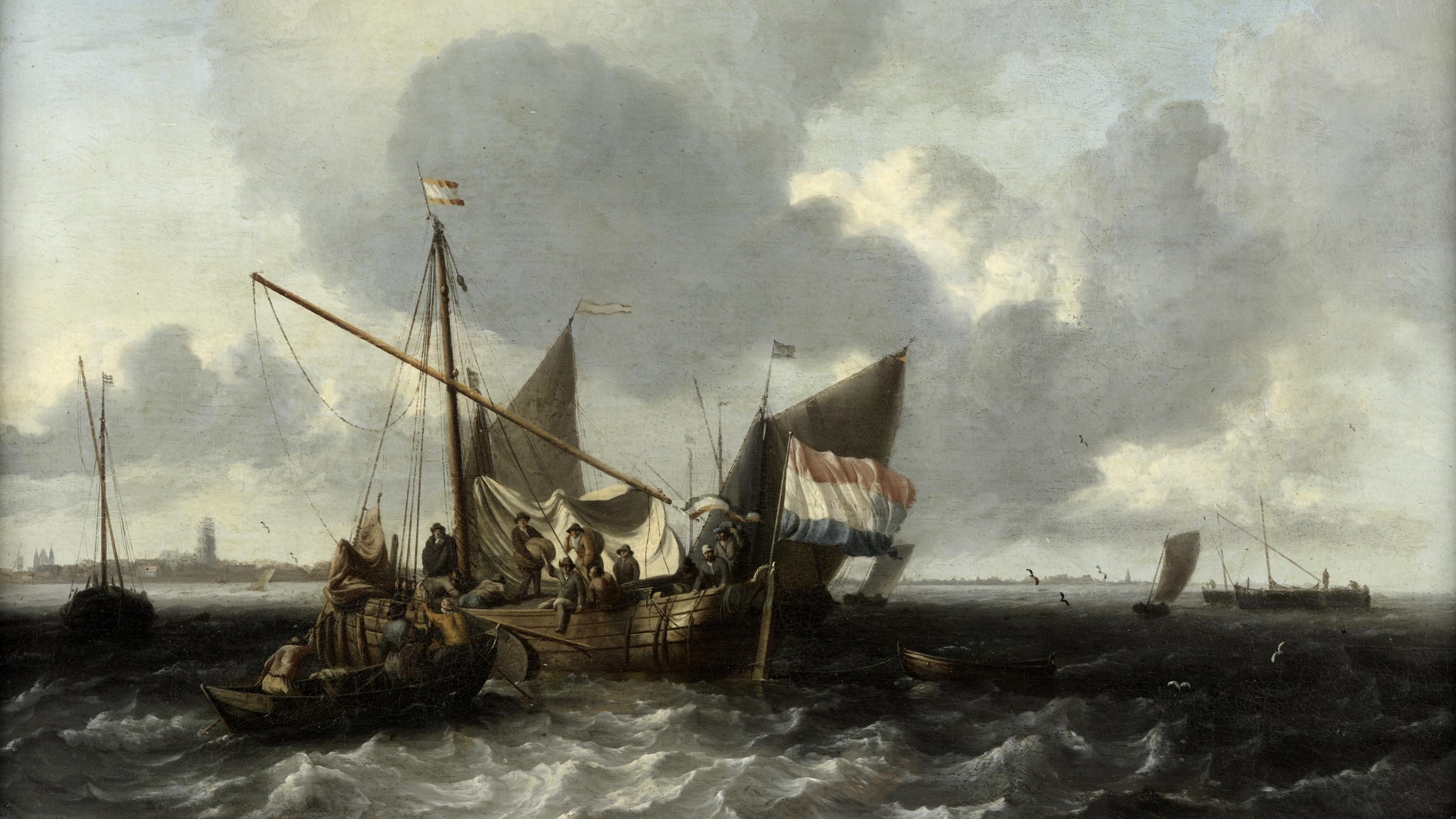 Ein Gemälde: Segelschiffe bei aufgewühlter See