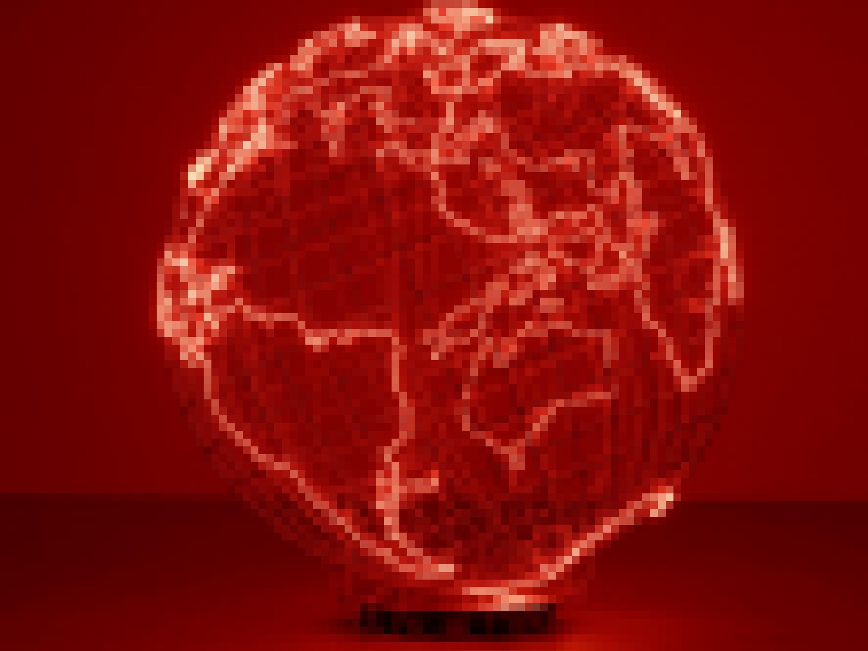 Eine rot erleuchtete Weltkugel: Die Umrisse der Kontinente leuchten weiß.